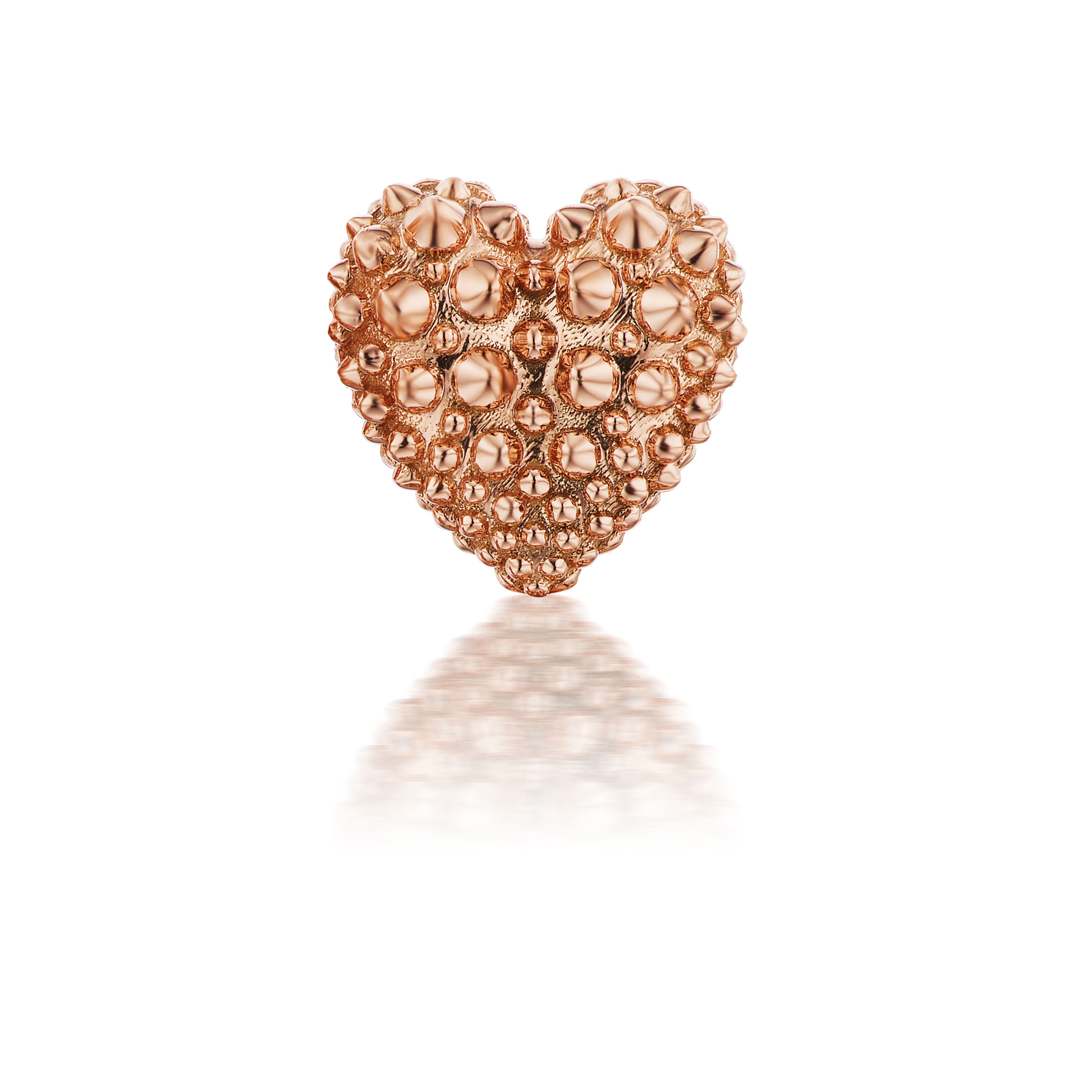 A front view of a single 18k rose gold heart stud earring with soft spikes - designed by Ana-Katarina fine jewelry.
