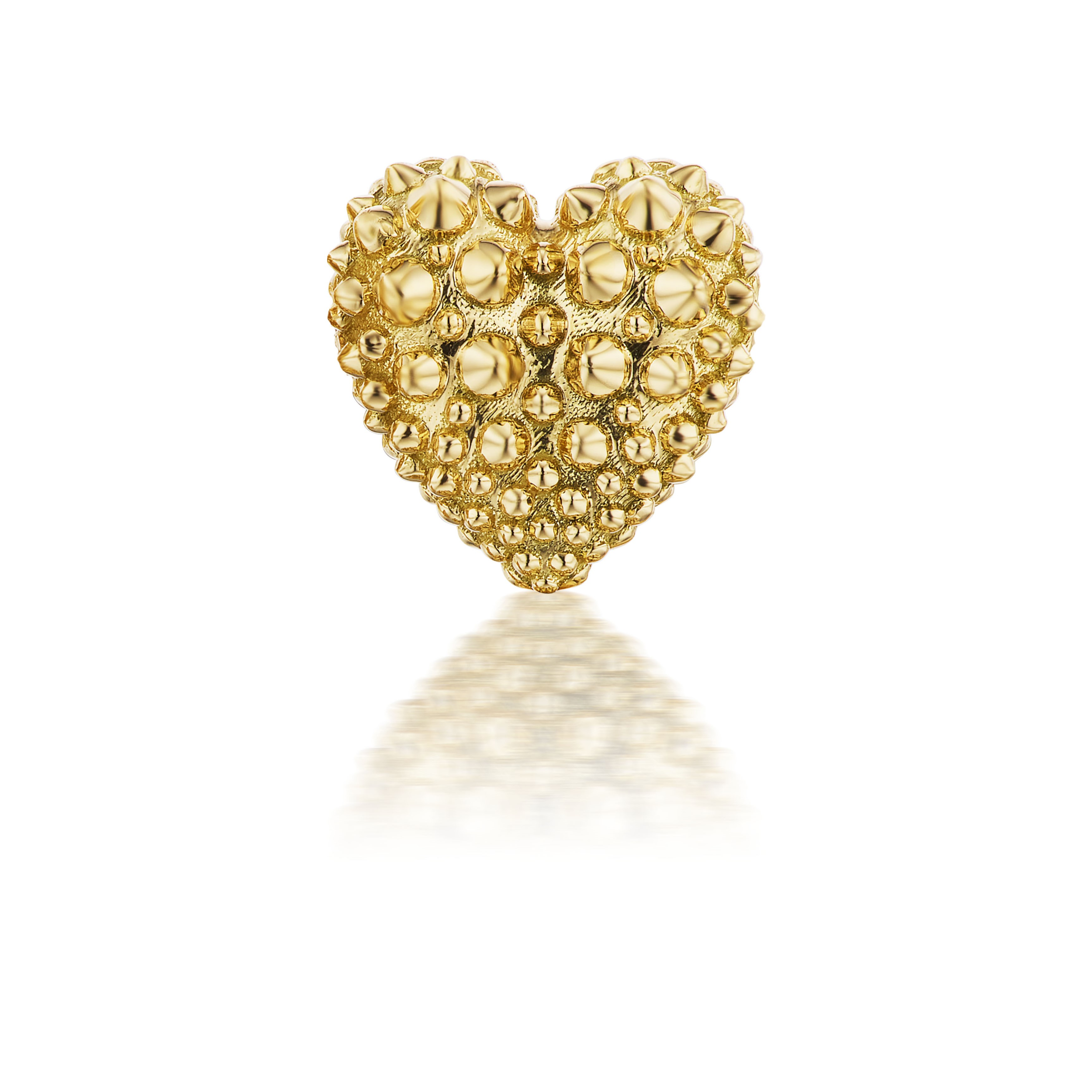 A front view of a single 18k yellow gold heart stud earring with soft spikes - designed by Ana-Katarina fine jewelry. 