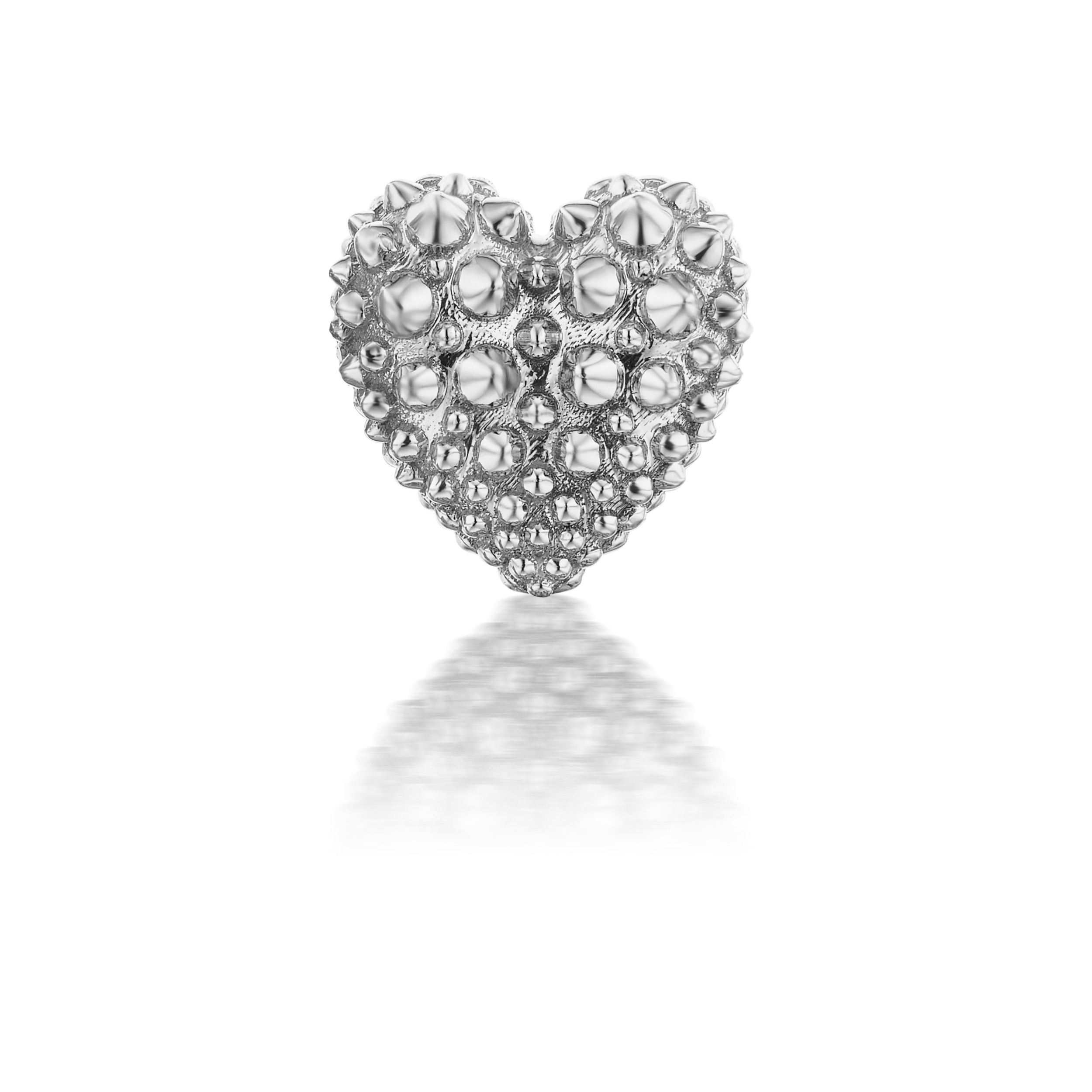 A front view of a single 18k white gold heart stud earring with soft spikes - designed by Ana-Katarina fine jewelry. 