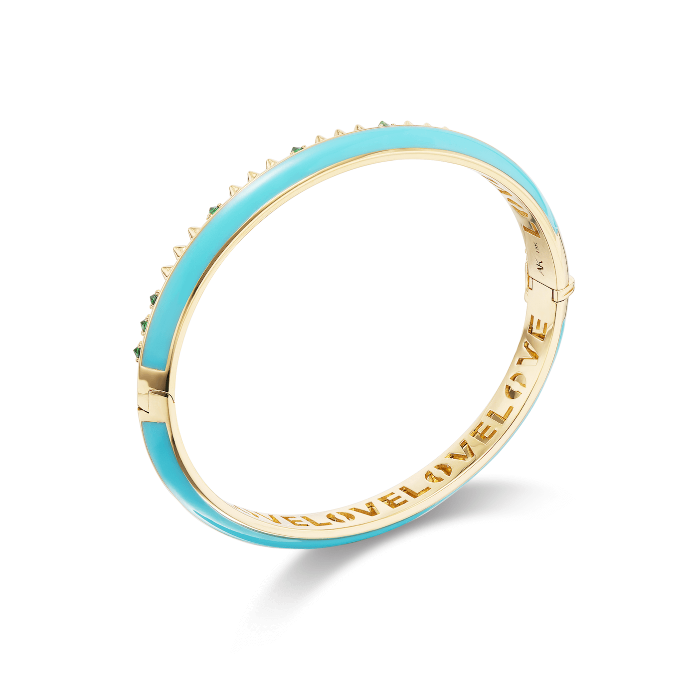 A full view of the 'Sweet, Happy Life' Tsavorite Garnet stacking bangle designed by AnaKatarina Fine Jewelry featuring the words "love" in gold enamel, crafted from 18k Yellow Gold and embellished with .48tw Tsavorite Garnet and Turquoise Enamel.