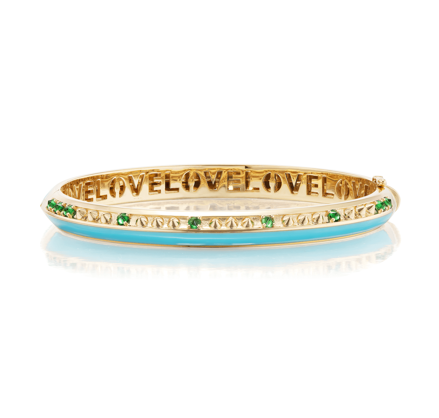 A side view of the 'Sweet, Happy Life' Tsavorite Garnet stacking bangle designed by AnaKatarina Fine Jewelry featuring the words "love" in gold enamel, crafted from 18k Yellow Gold and embellished with .48tw Tsavorite Garnet and Turquoise Enamel.