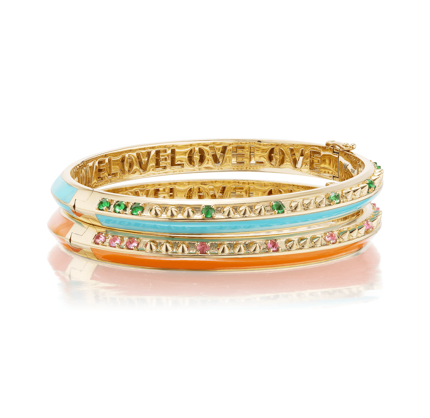 A side view of two bangle bracelets designed by AnaKatarina Fine Jewelry stacked together. Both are crafted from 18k yellow gold. One is the 'Sweet, Happy Life' Tsavorite Garnet Bangle crafted from 18k Yellow Gold and embellished with .48tw Tsavorite Garnet & Turquoise enamel. 