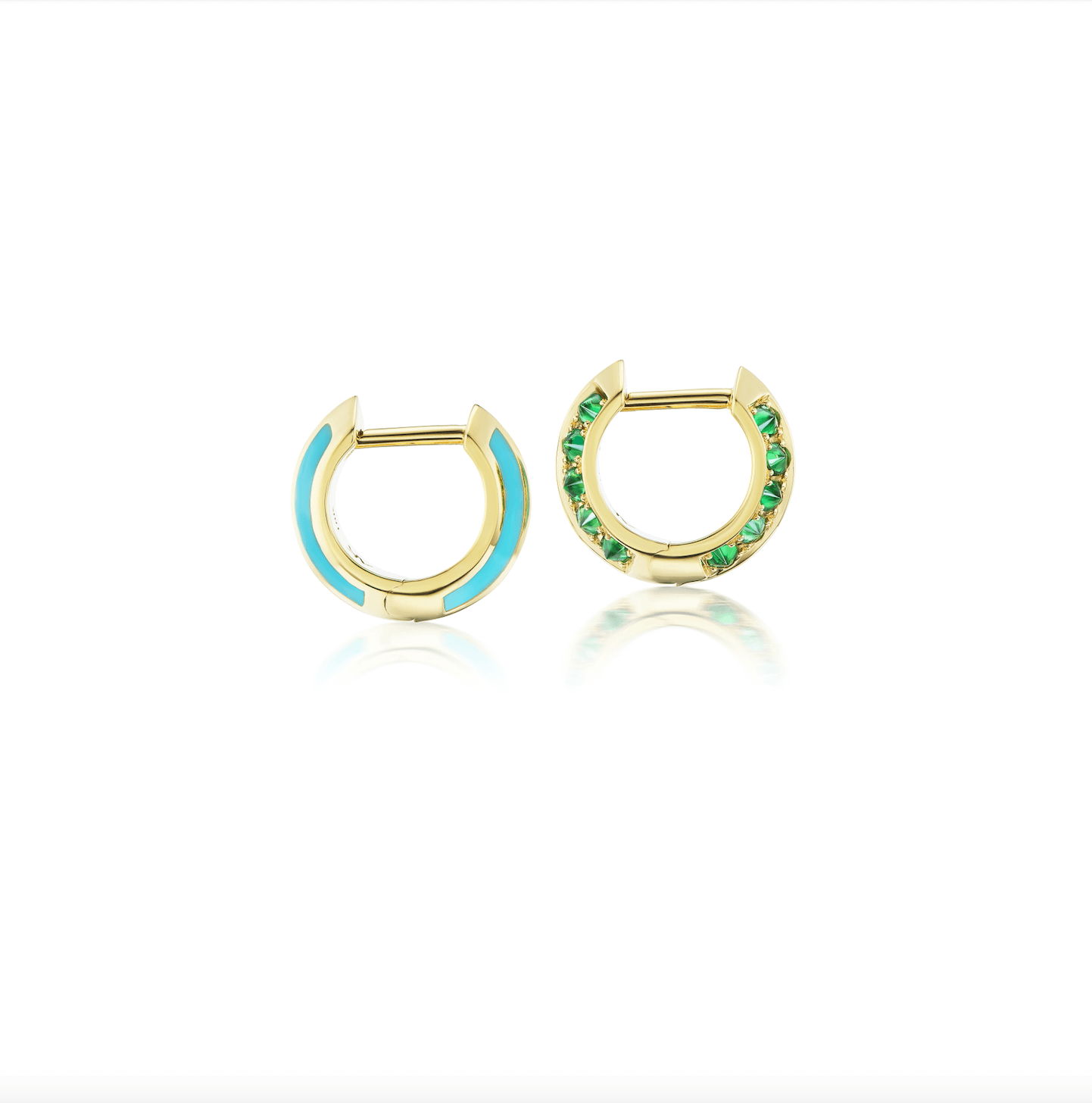 A side view of exquisite 'Sweet, Happy Life' Tsavorite Garnet Huggie Earrings: 18K yellow gold and turquoise enamel earrings designed by AnaKatarina Fine Jewelry, embellished with green, inverted .60tw Tsavorite Garnets.