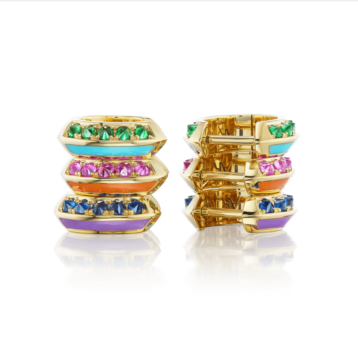 Three sets of 18K yellow gold Huggies earrings embellished with a rainbow of multi-colored stones from the 'Sweet, Happy Life' collection are stacked vertically in two stacks - one stack shows the back of the earrings and the other shows the front - designed by Ana-Katarina Fine Jewelry. 
