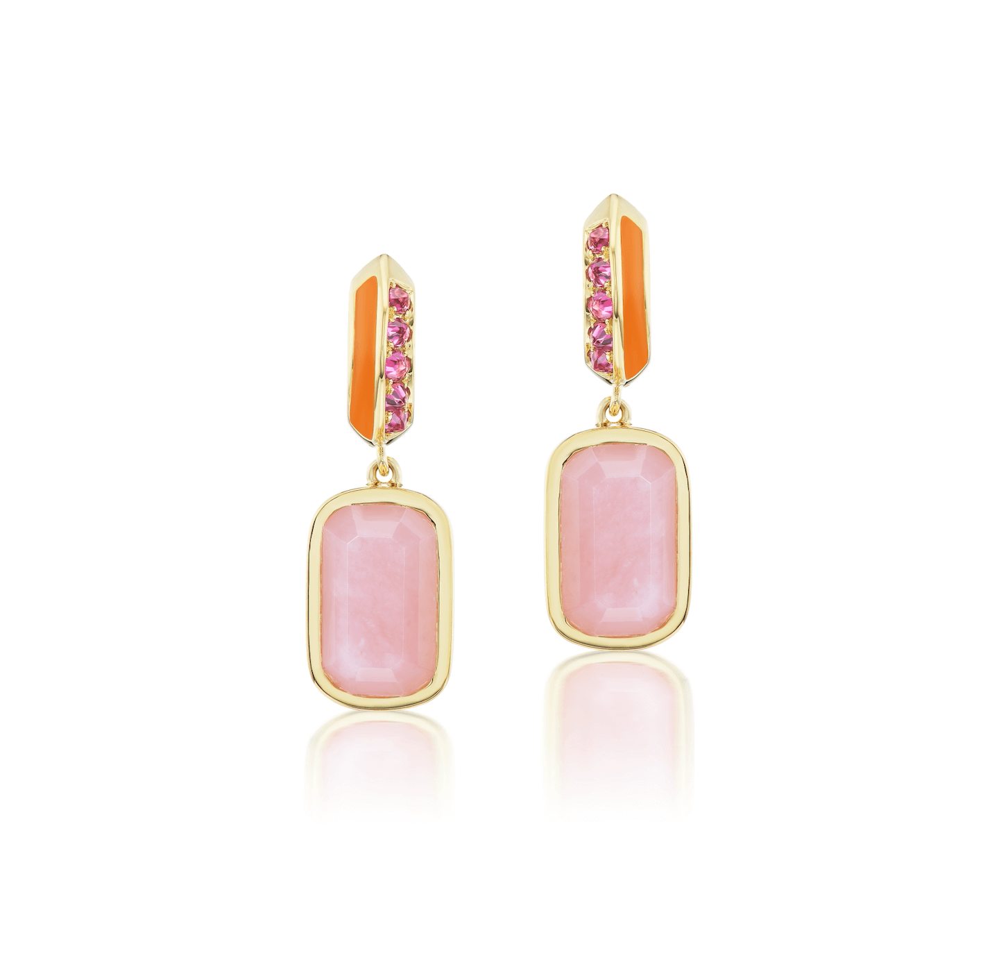 A frontal view of luxurious 'Sweet, Happy Life' Pink Tourmaline Drop Earrings designed by AnaKatarina. They are adorned with opulent 18K yellow gold accents and feature .48ct pink tourmaline, 5.3ct pink opal, and exquisite orange enamel. Designed by Ana-Katarina Fine Jewelry. 