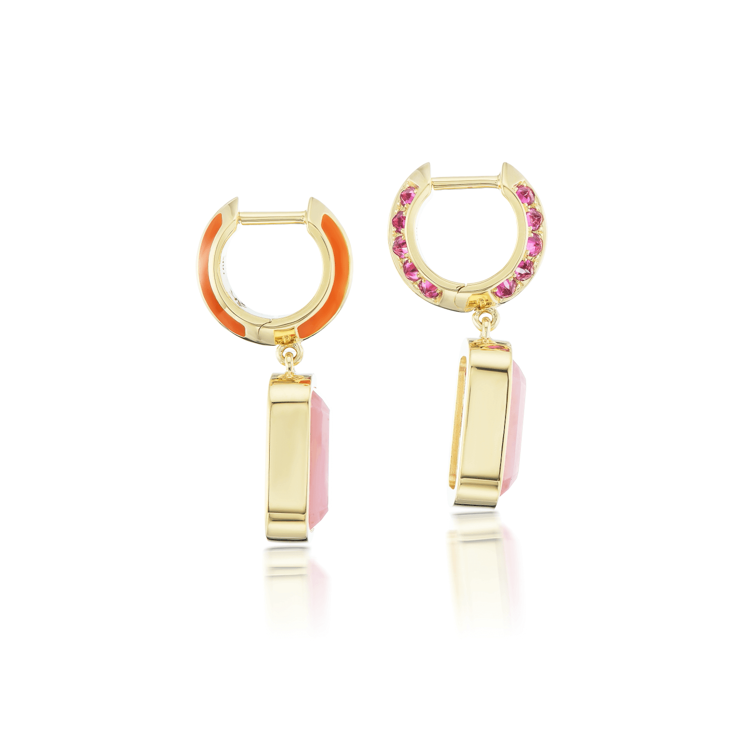 A side view of luxurious 'Sweet, Happy Life' Pink Tourmaline Drop Earrings designed by AnaKatarina. They are adorned with opulent 18K yellow gold accents and feature .48ct pink tourmaline, 5.3ct pink opal, and exquisite orange enamel. Designed by Ana-Katarina Fine Jewelry. 