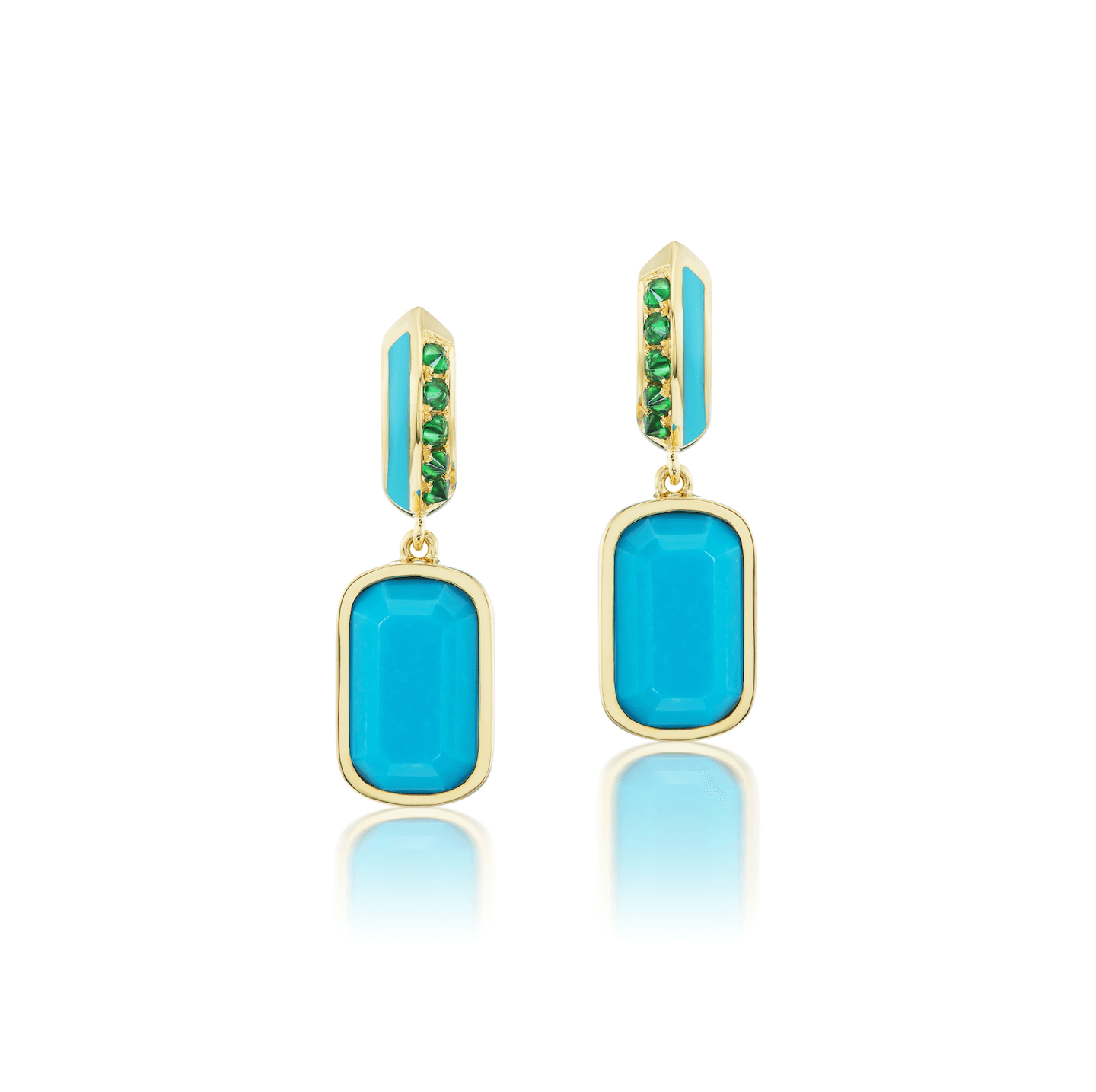 A frontal view of a pair of drop earrings from AnaKatarina's 'Sweet, Happy Life' collection. These are the 'Sweet, Happy Life' Tsavorite Garnet Drop Earrings in 18k yellow gold and embellished with .55cttw Tsavorite Garnet, & 7.85ct Turquoise. 
