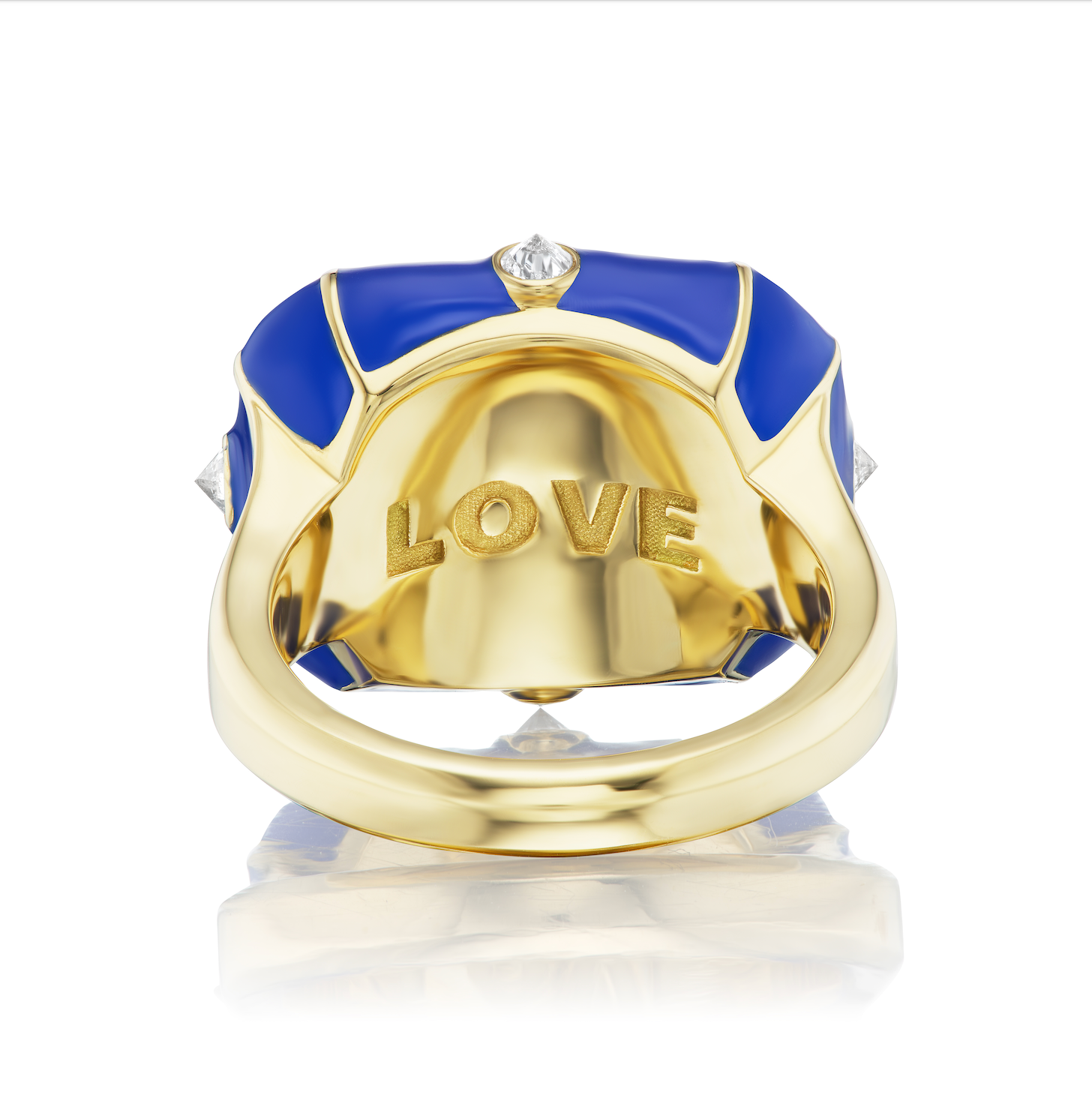 An inside view of AnaKatarina's 'Pretty Little Secrets' Ring - a luxurious pink mother of pearl ring with 18K yellow gold accents, featuring a secret compartment to cherish precious memories. Exquisitely crafted of 18k yellow gold, .19ct Diamonds, Pink Mo