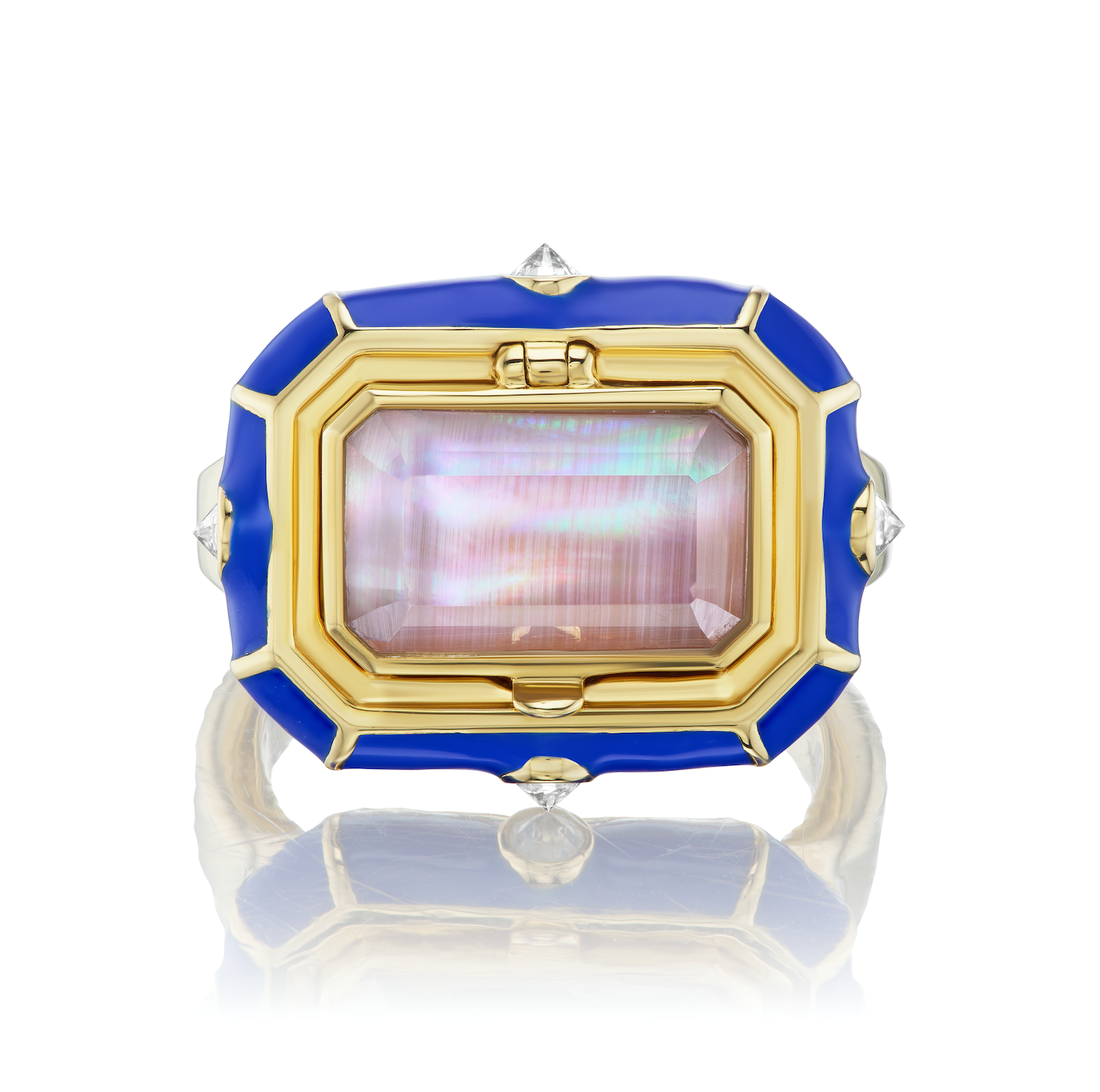 Top-down view of AnaKatarina's 'Pretty Little Secrets' Ring - a luxurious pink mother of pearl ring with 18K yellow gold accents, featuring a secret compartment to cherish precious memories. Exquisitely crafted of 18k yellow gold, .19ct Diamonds, Pink Mot