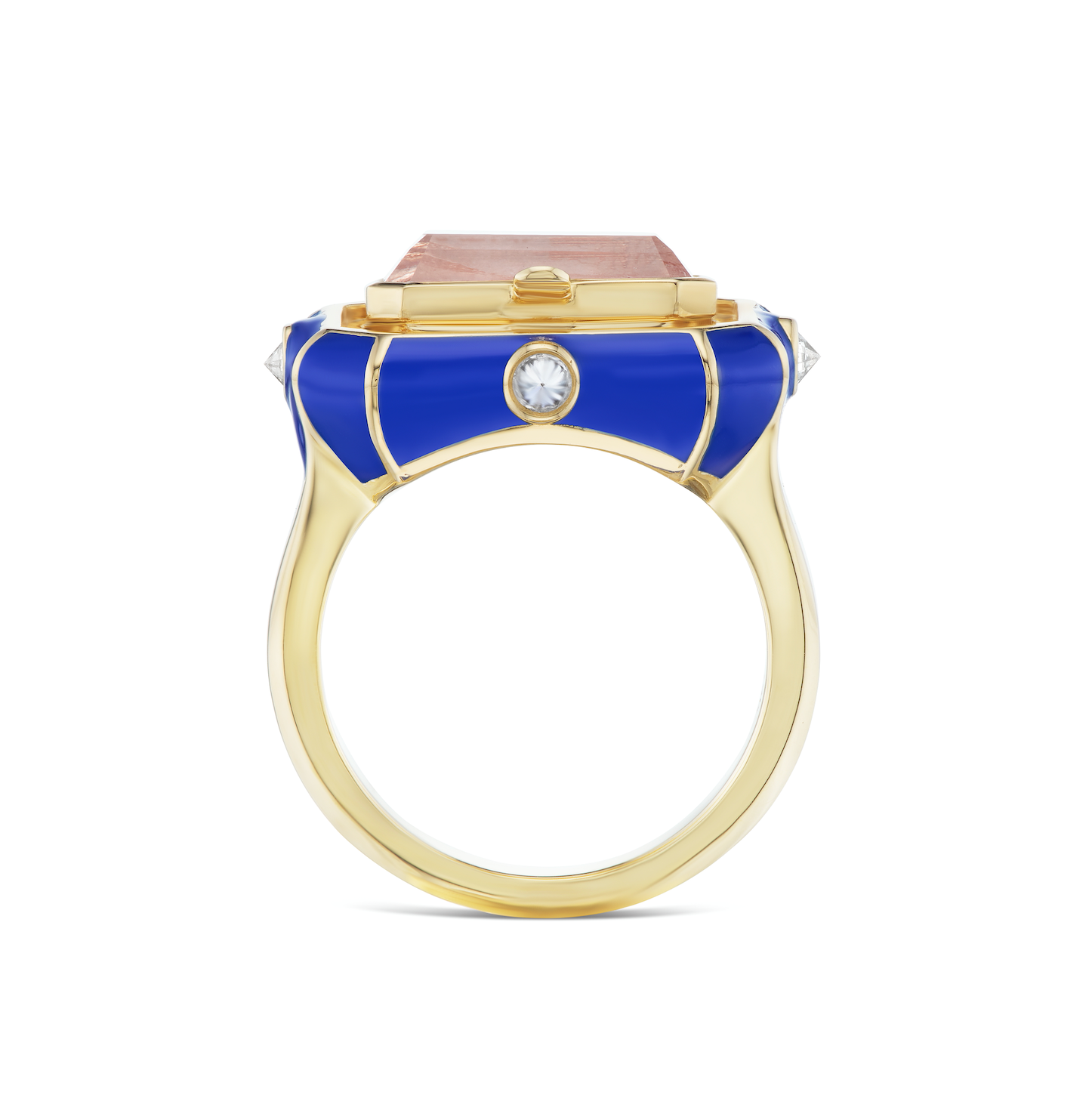 A full side view of AnaKatarina's 'Pretty Little Secrets' Ring - a luxurious pink mother of pearl ring with 18K yellow gold accents, featuring a secret compartment to cherish precious memories. Exquisitely crafted of 18k yellow gold, .19ct Diamonds, Pink 