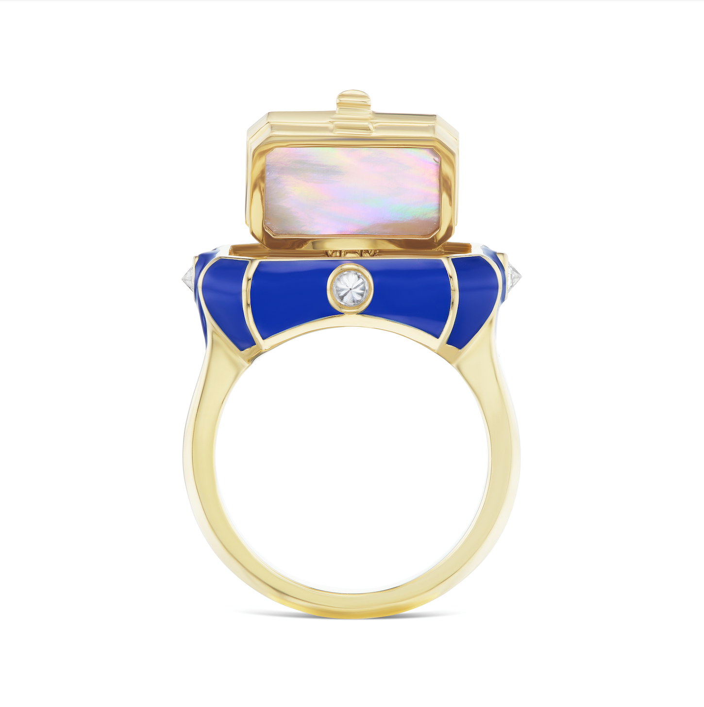 A full side view of AnaKatarina's 'Pretty Little Secrets' Ring with its secret compartment opened - a luxurious pink mother of pearl ring with 18K yellow gold accents, featuring a secret compartment to cherish precious memories. Exquisitely crafted of 18k
