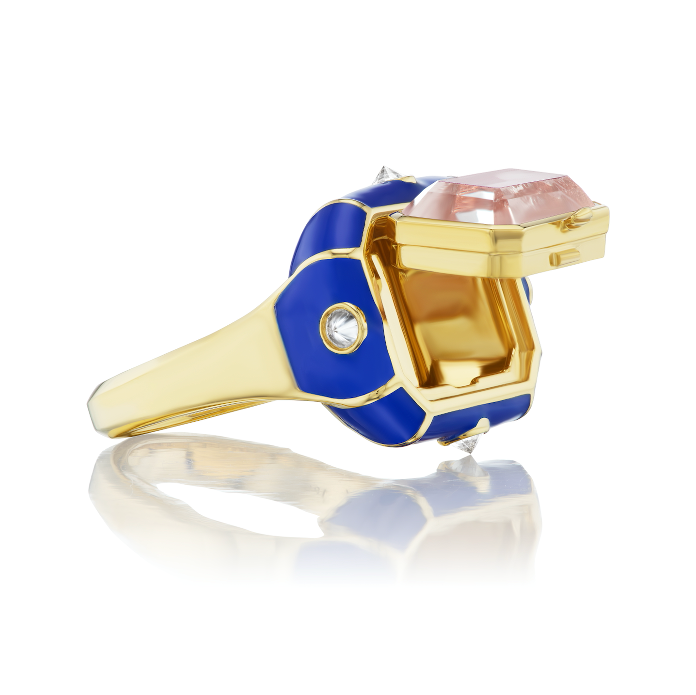 A side view of AnaKatarina's 'Pretty Little Secrets' Ring with its secret compartment opened - a luxurious pink mother of pearl ring with 18K yellow gold accents, featuring a secret compartment to cherish precious memories. Exquisitely crafted of 18k yell