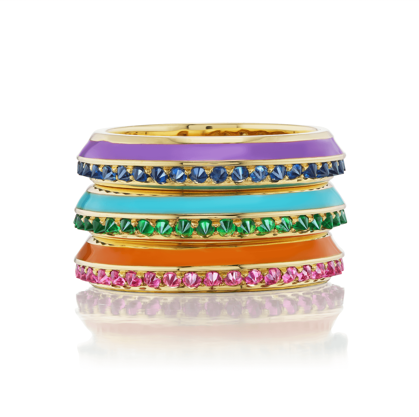 Three luxurious stacking rings from AnaKatarina's 'Sweet, Happy Life' collection. From top to bottom are: the 'Sweet, Happy Life' Blue Sapphire Stacking Ring with .58 Blue Sapphires and smooth Lavender Enamel, the 'Sweet, Happy Life' Tsavorite Garnet Stac