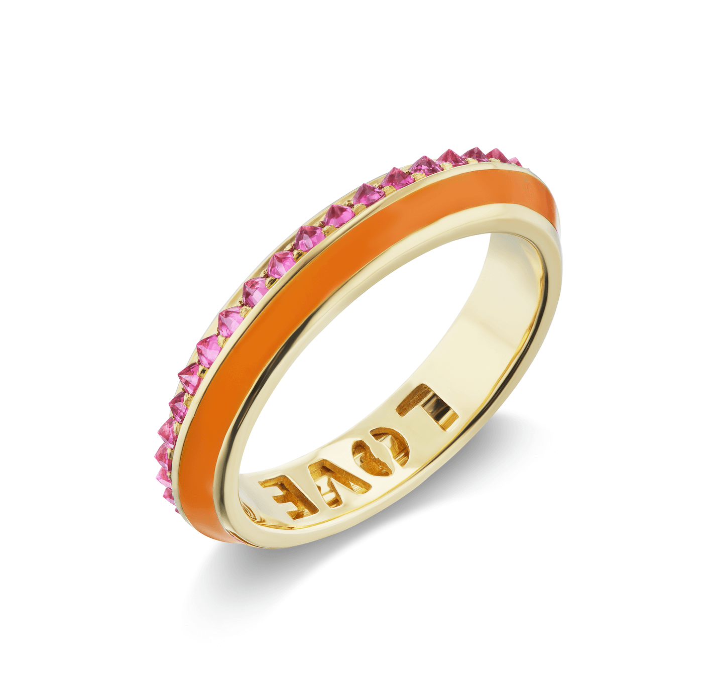 The orange enamel side view of AnaKatarina's 'Sweet, Happy Life' Pink Tourmaline Stacking Ring in 18k yellow gold ring adorned with the word "love" in gold, orange enamel, and .48tw Pink Tourmaline.
