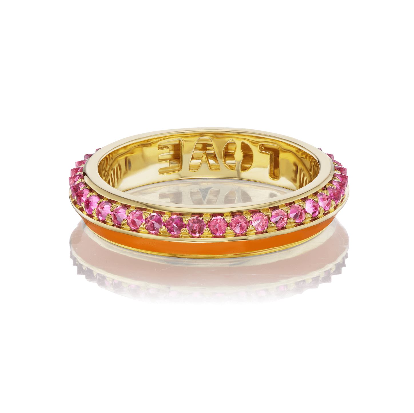 The side view of AnaKatarina's 'Sweet, Happy Life' Pink Tourmaline Stacking Ring in 18k yellow gold ring adorned with the word "love" in gold, orange enamel, and .48tw Pink Tourmaline, exuding elegance and charm.