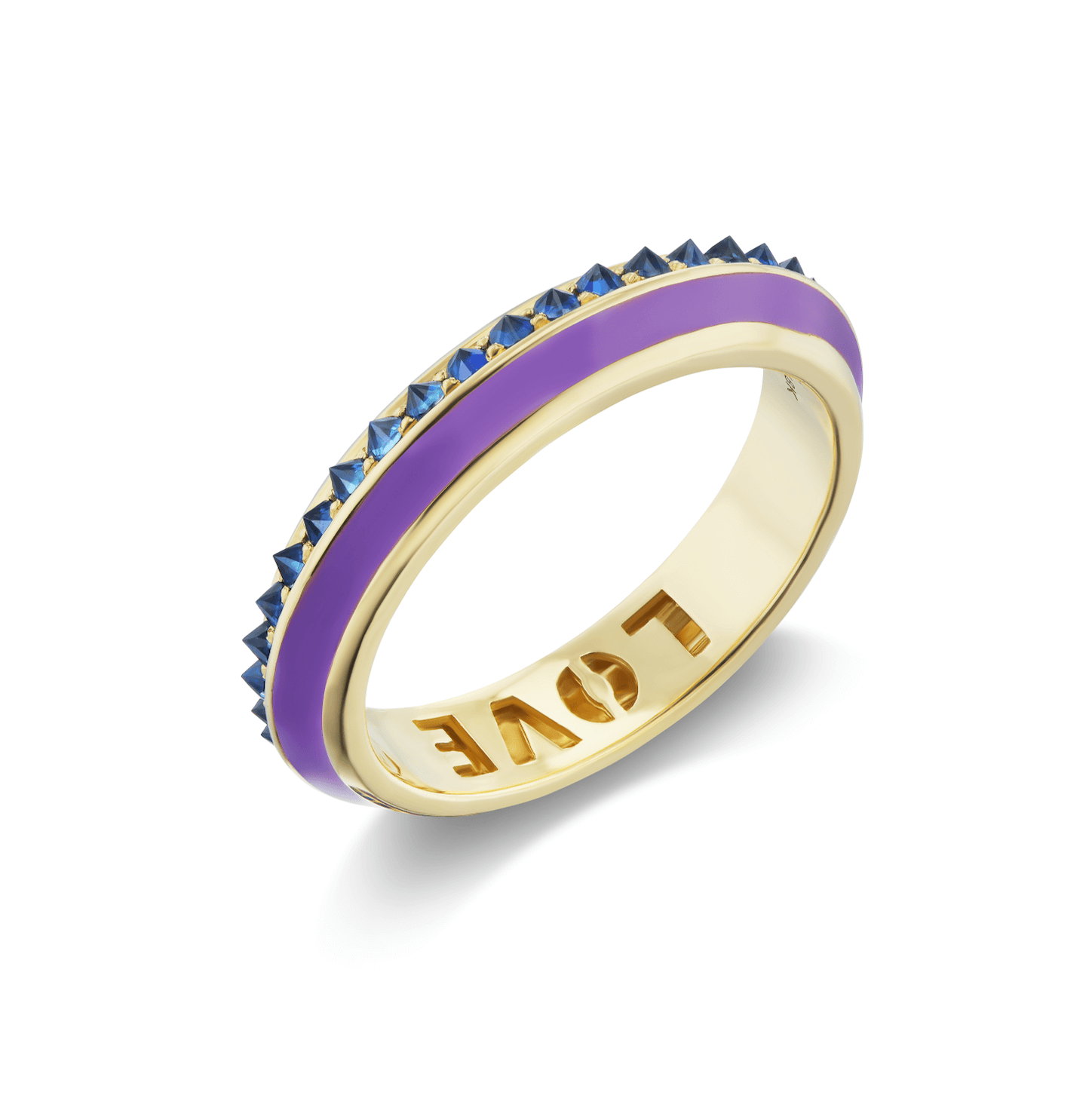 A view of the enamel side of the 18K yellow gold 'Sweet, Happy Life' Blue Sapphire Stacking Ring designed by Ana-Katarina Fine Jewelry with .58 Blue Sapphires and smooth Lavender Enamel. The word "love" is inscribed on it. Perfect for stacking.