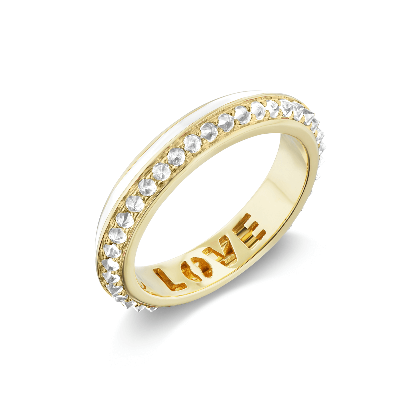 The diamond side view of AnaKatarina's 'Sweet, Happy Life' Stacking Diamond Ring in 18k yellow gold, embellished with a mesmerizing .60ct diamond and in pristine white enamel- the word "love" is engraved in gold inside.