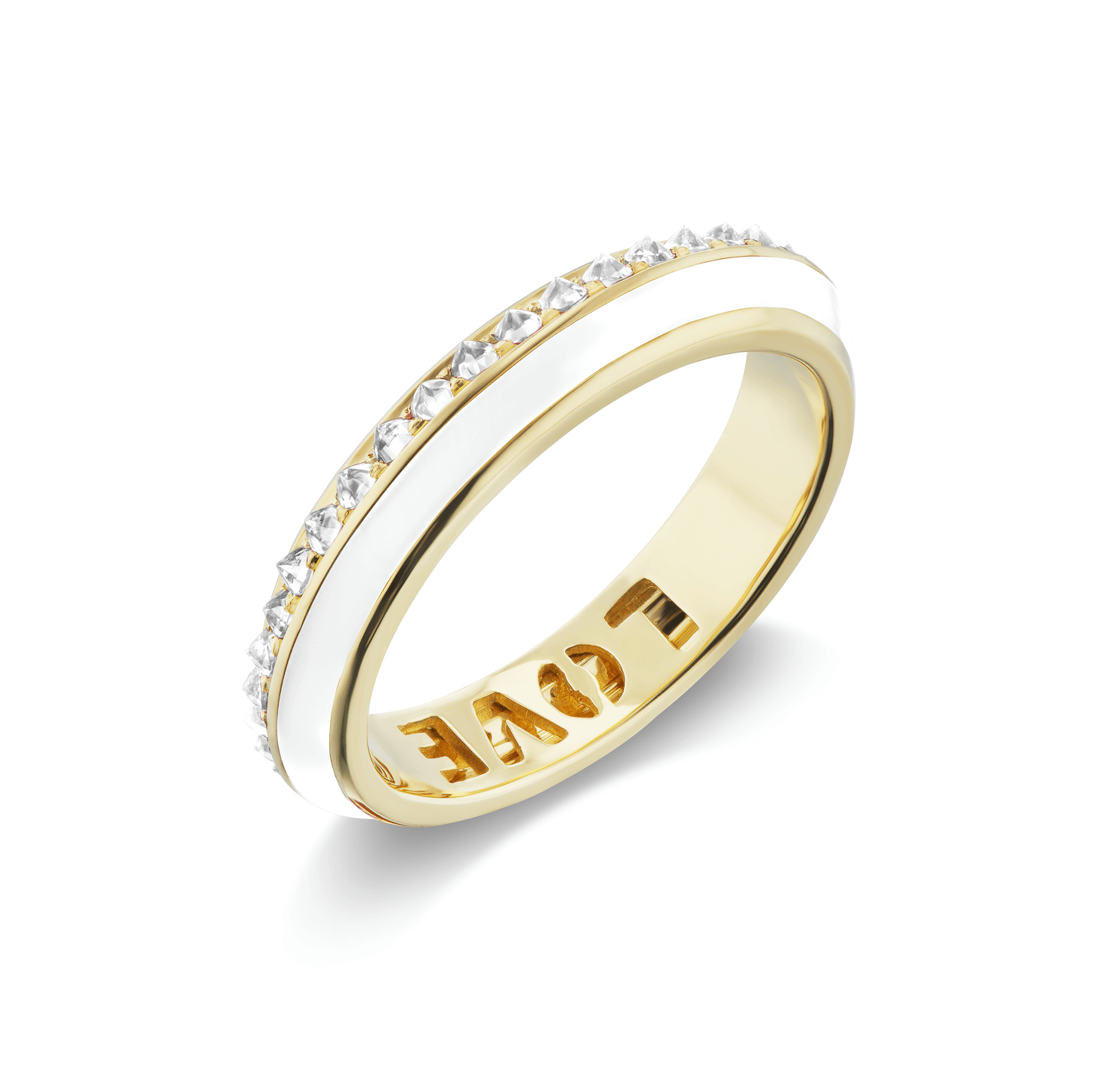 The white enamel side view of AnaKatarina's 'Sweet, Happy Life' Stacking Diamond Ring in 18k yellow gold, embellished with a mesmerizing .60ct diamond and in pristine white enamel- the word "love" is engraved in gold inside.
