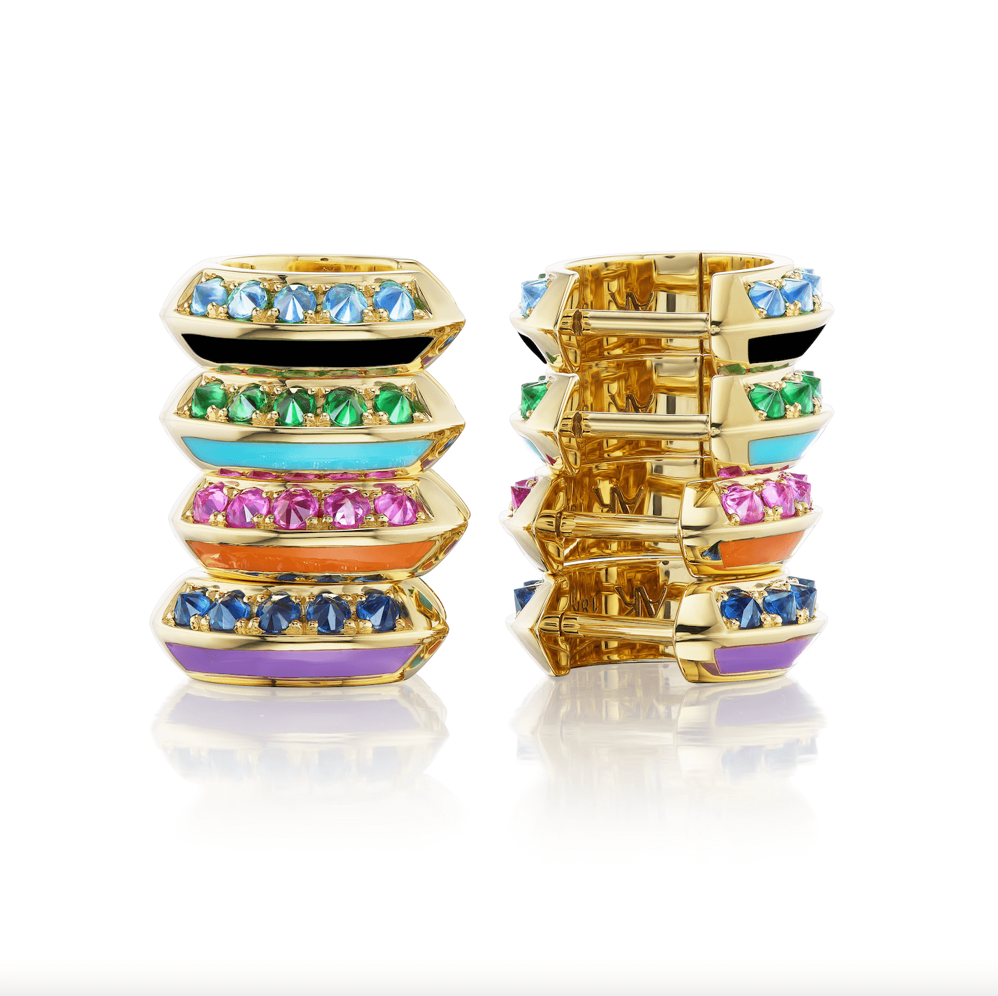 Four sets of 18K yellow gold Huggies earrings embellished with a rainbow of multi-colored stones from AnaKatarina's 'Sweet, Happy Life' collection are stacked vertically in two stacks - one stack shows the back of the earrings and the other shows the fron