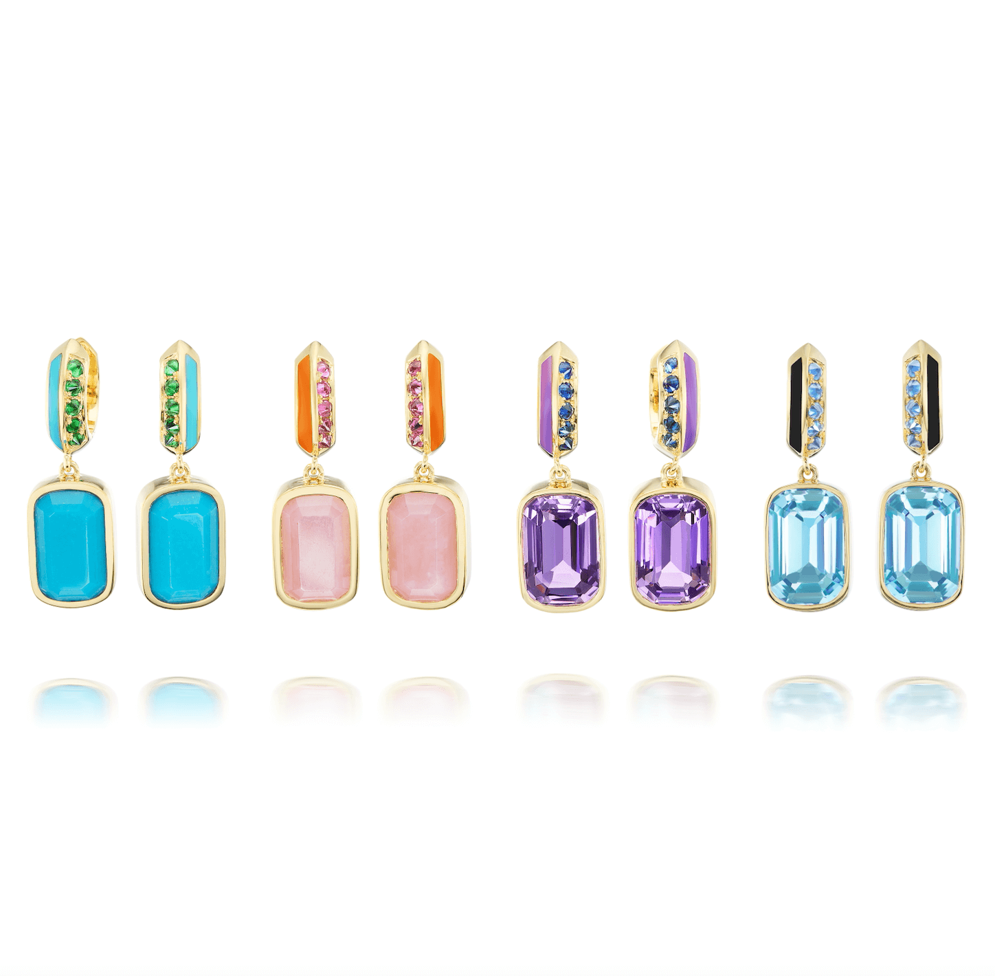 Four pairs of Drop Earrings from AnaKatarina's 'Sweet, Happy Life' collection. From left to right: 'Sweet, Happy Life' Tsavorite Garnet Drop Earrings, Pink Tourmaline Drop Earrings, Blue Sapphire Drop Earrings, and Blue Topaz Drop Earrings - each meticulously crafted by AnaKatarina Fine Jewelry in 18k yellow gold and embellished with fine gemstones.