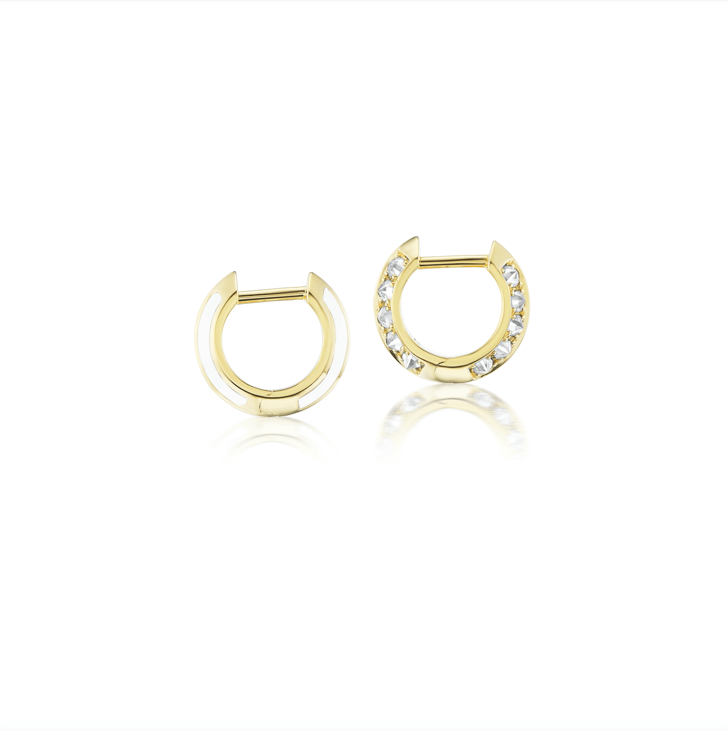 A side view of luxurious 18k gold and .65ct Diamond Huggies earrings with Mother of Pearl and Rock Crystal accents. From AnaKatarina's 'Sweet, Happy Life' collection.