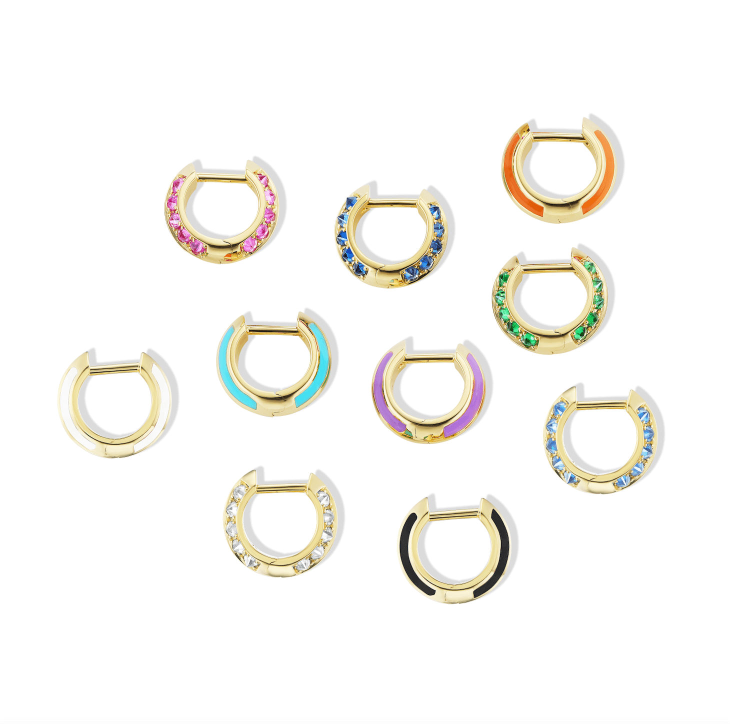 Five pairs of luxurious Huggies earrings from AnaKatarina's 'Sweet, Happy Life' line, boasting a rainbow of colors set in colorful jewels and enamel in 18K yellow gold. All five pairs are shown on their side against a white background to show both sides.