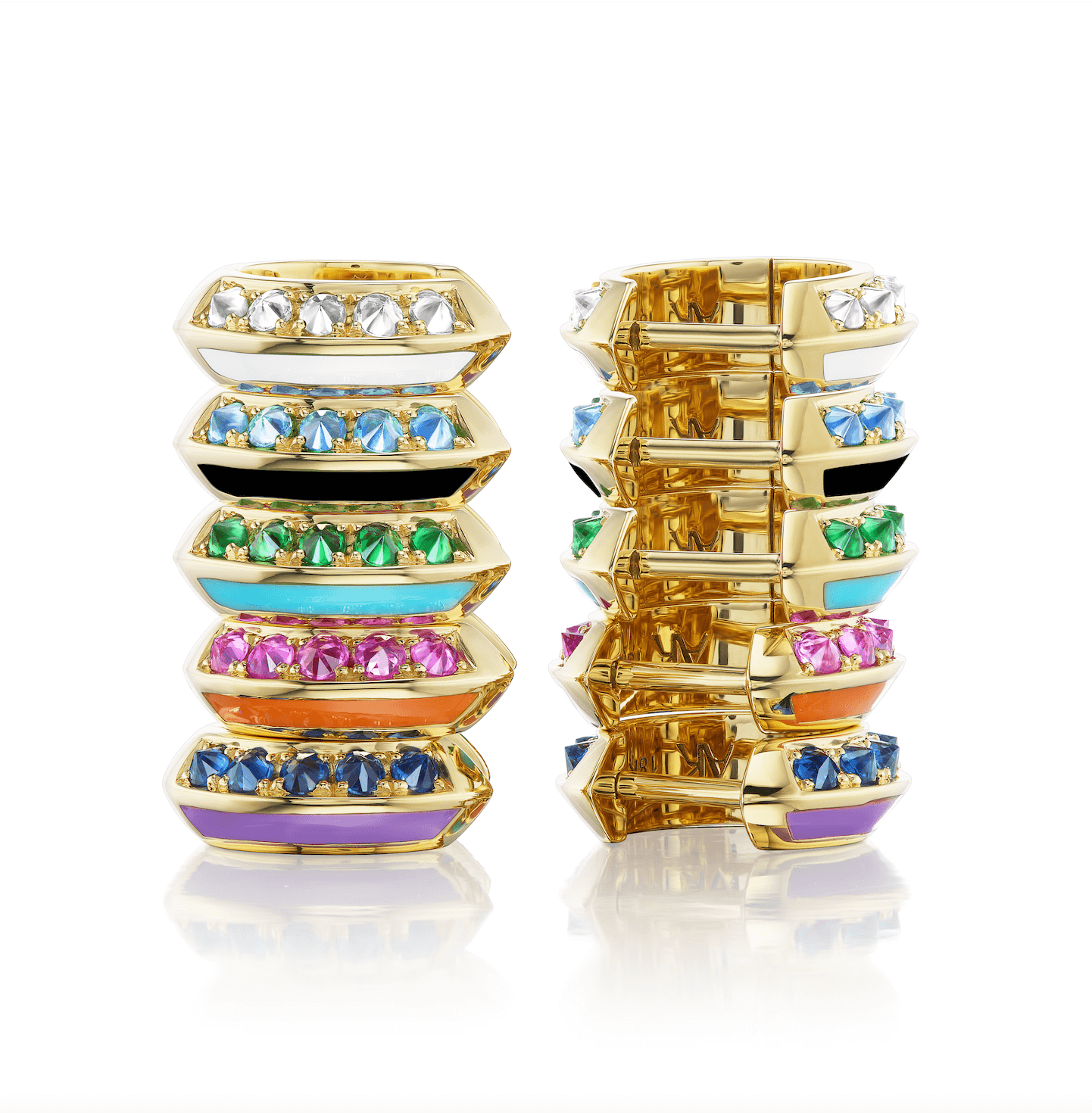 Five sets of 18K yellow gold Huggies earrings embellished with multi-colored precious gems from AnaKatarina's 'Sweet, Happy Life' collection are stacked vertically in two stacks - one stack shows the back of the earrings and the other shows the front.