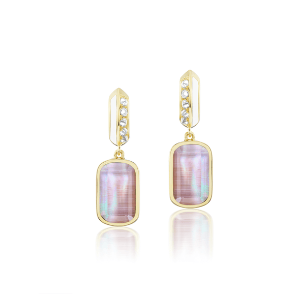 'Sweet, Happy Life' Drop Earrings Diamond, Mother of Pearl and Rock Crystal