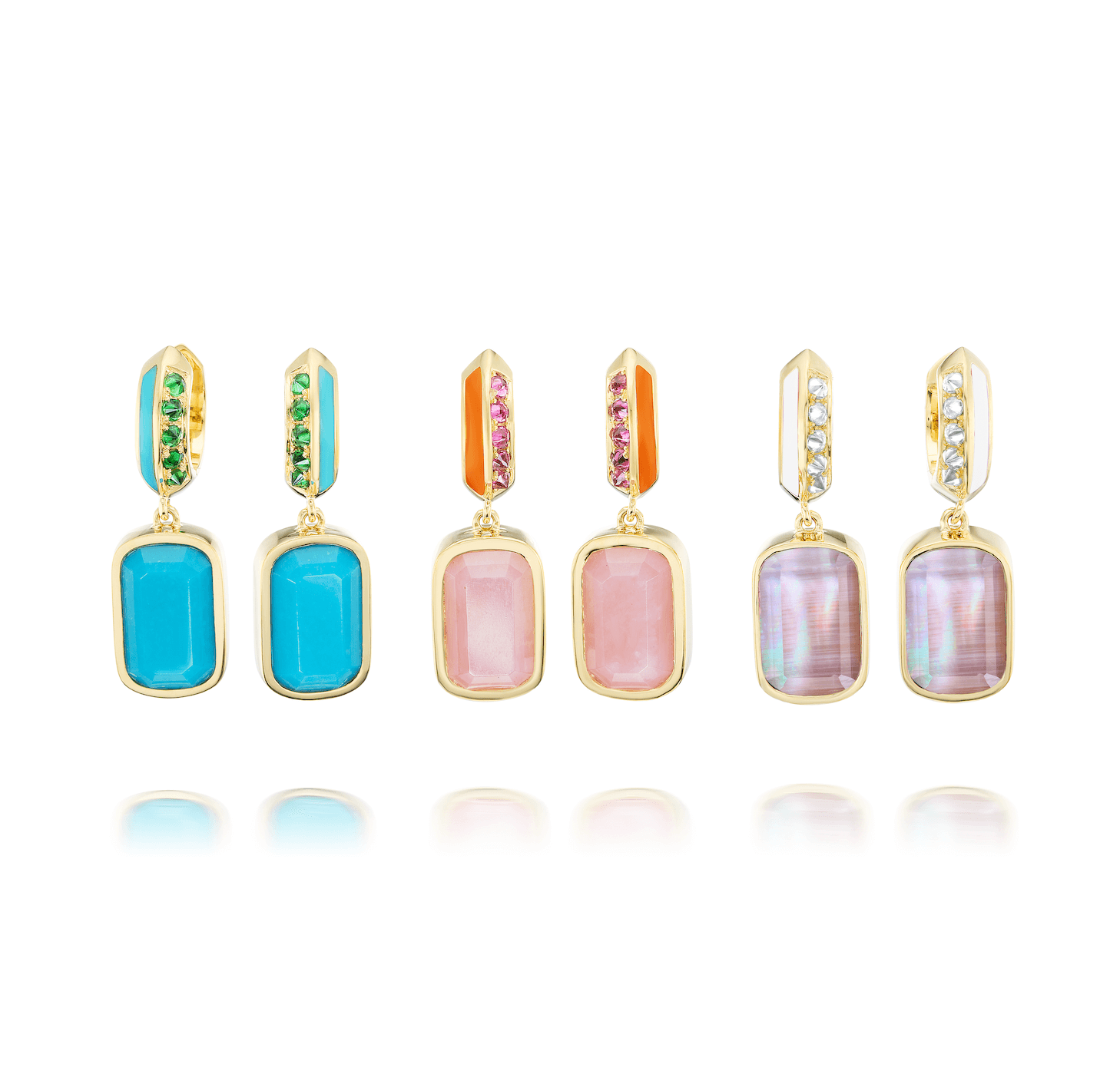 Three pairs of Drop Earrings from AnaKatarina's 'Sweet, Happy Life' collection. From left to right: 'Sweet, Happy Life' Tsavorite Garnet Drop Earrings, Pink Tourmaline Drop Earrings, and Diamond & Mother of Pearl Drop Earrings - each meticulously crafted by Ana-Katarina Fine Jewelry in 18k yellow gold spikes and embellished with fine gemstones.