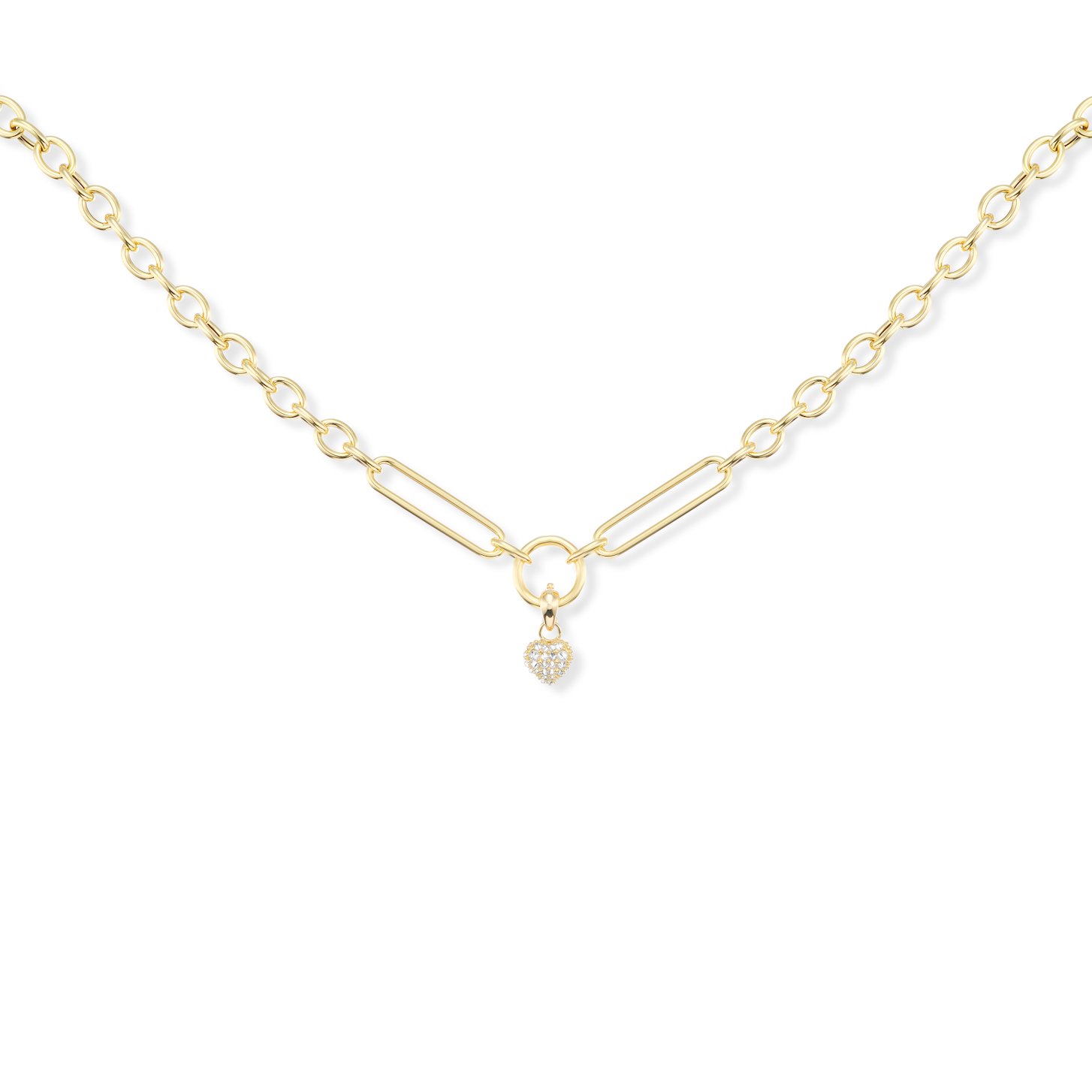 The ‘Pierce Your Heart’ diamond heart charmlette pendant shown on an 18k yellow gold Olivia Chain both designed by Ana-Katarina Fine Jewelry. 