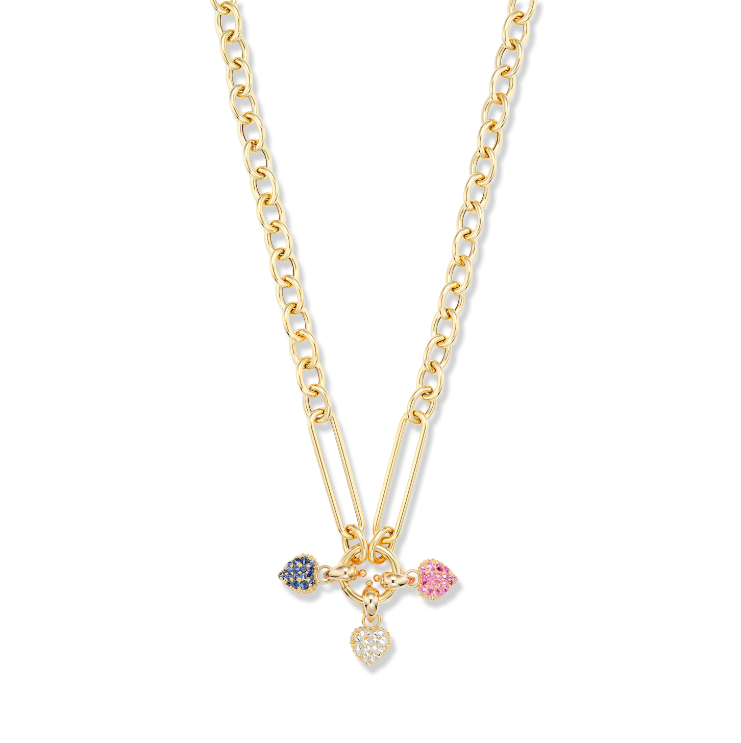 Three precious gem heart charms on an 18k yellow gold Olivia chain - all designed by Ana-Katarina Fine Jewelry. 