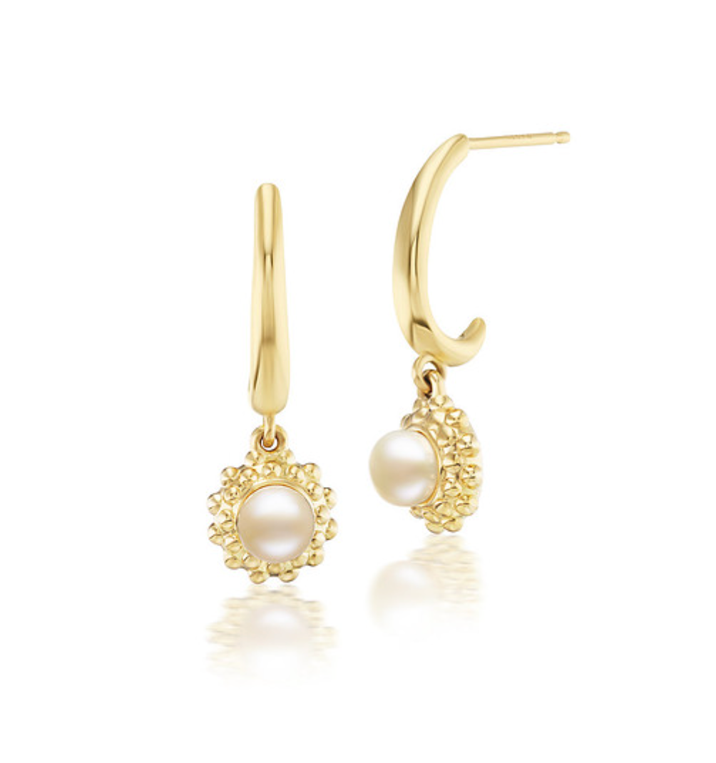 Sea Urchin Drop Hoops – 18k Yellow Gold & Pearl