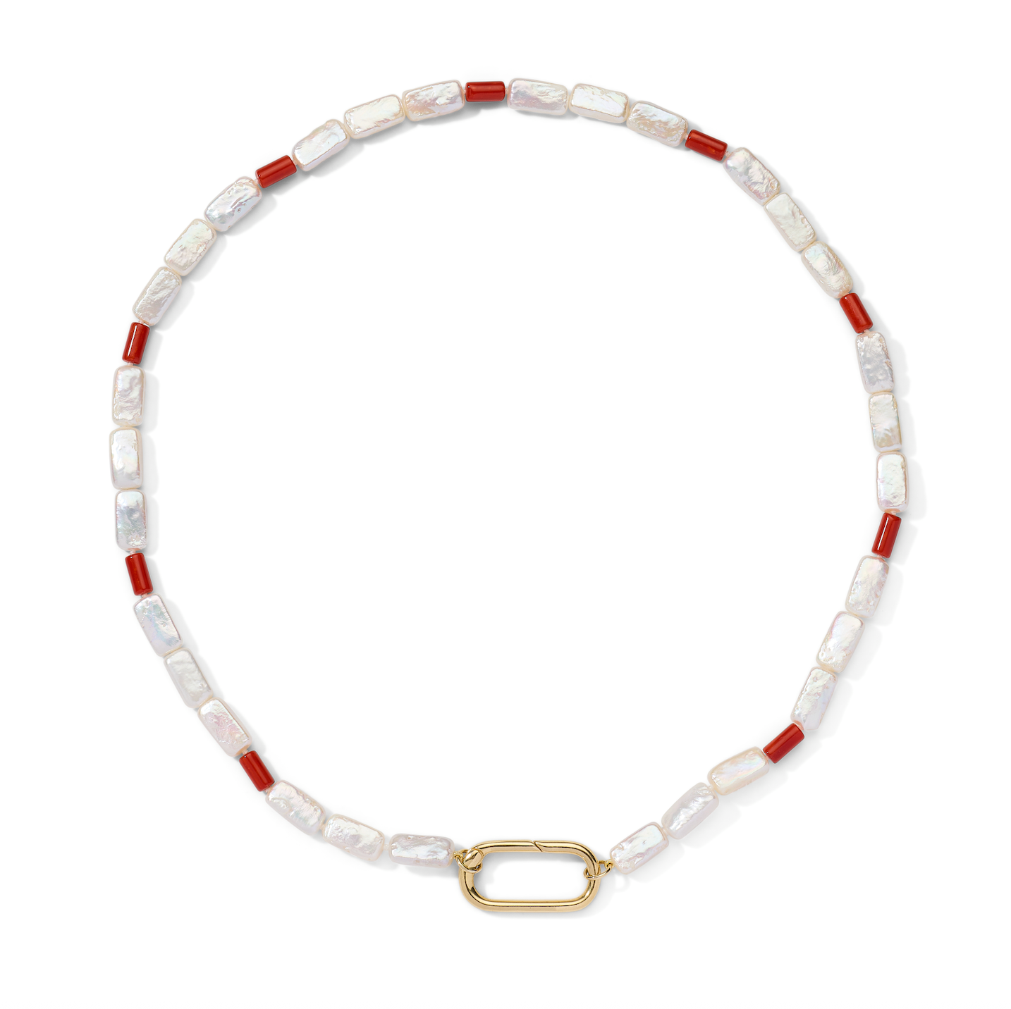 Coral Seas Pearl Necklace with rectangular freshwater pearls, vintage coral tube spacers, and signature rectangular charm holder by AnaKatarina.
