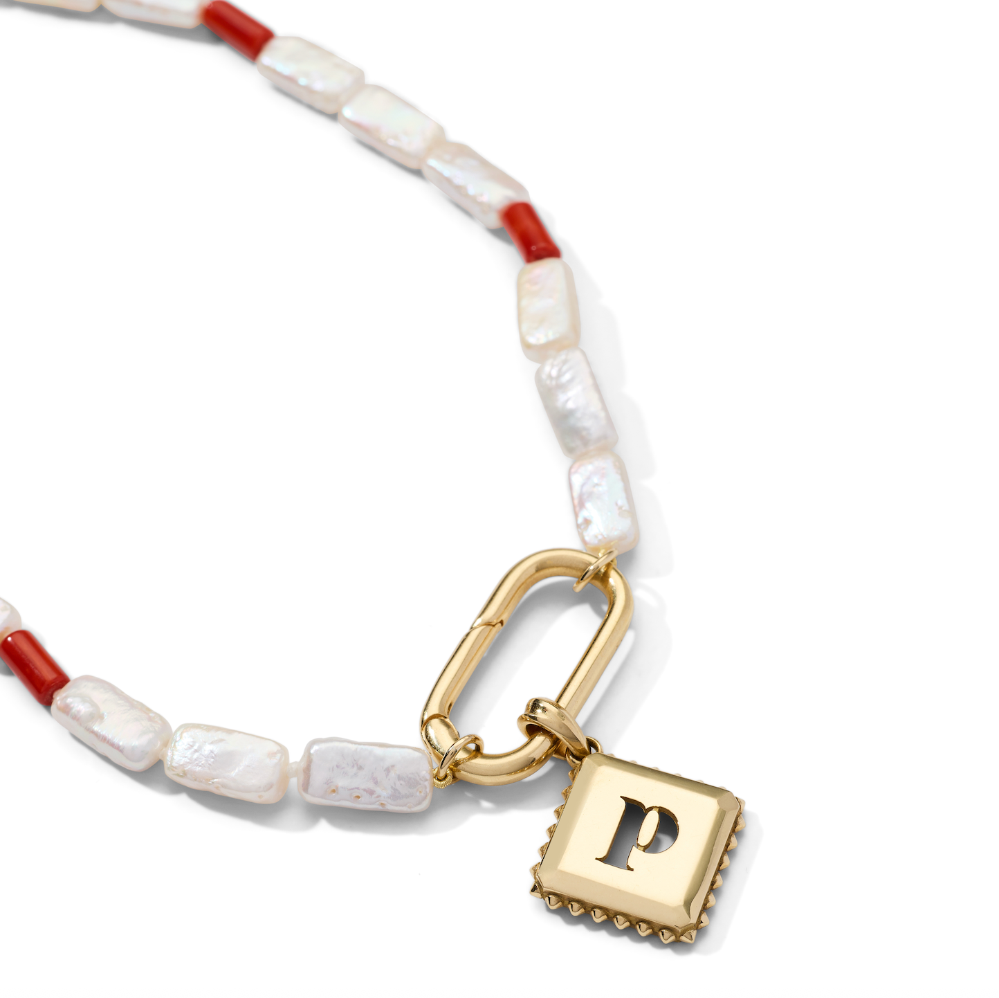 Coral Seas Pearl Necklace with rectangular freshwater pearls, vintage coral tube spacers, and signature rectangular charm holder by AnaKatarina.