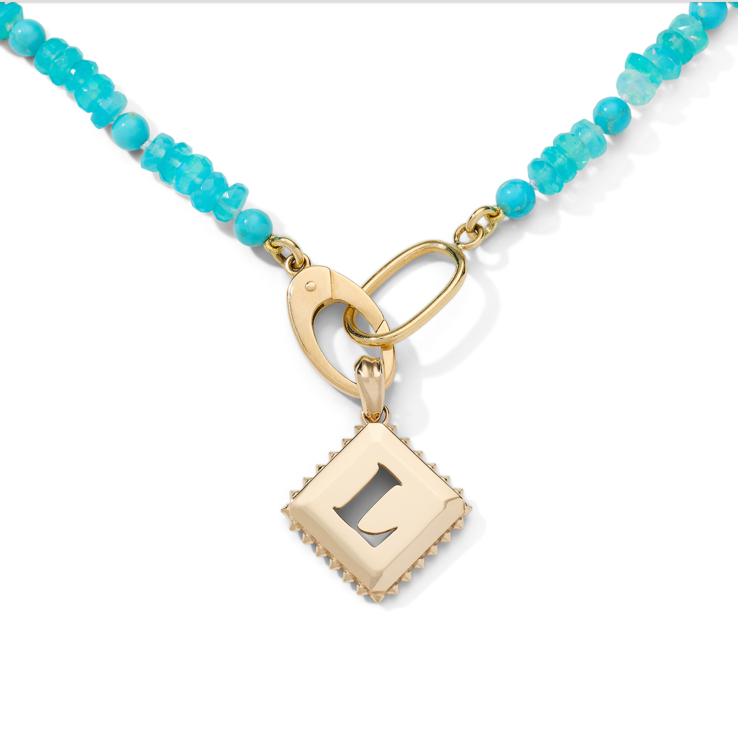Sunlit Seas Blue Opal & Turquoise Necklace with faceted blue opal rondelles, turquoise beads, and AnaKatarina's signature 18k gold charm holder.