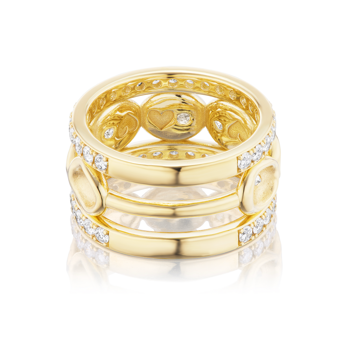 Back view of AnaKatarina’s Pebble Diamond Band, showing the heart detail and openwork 18k yellow gold design.
