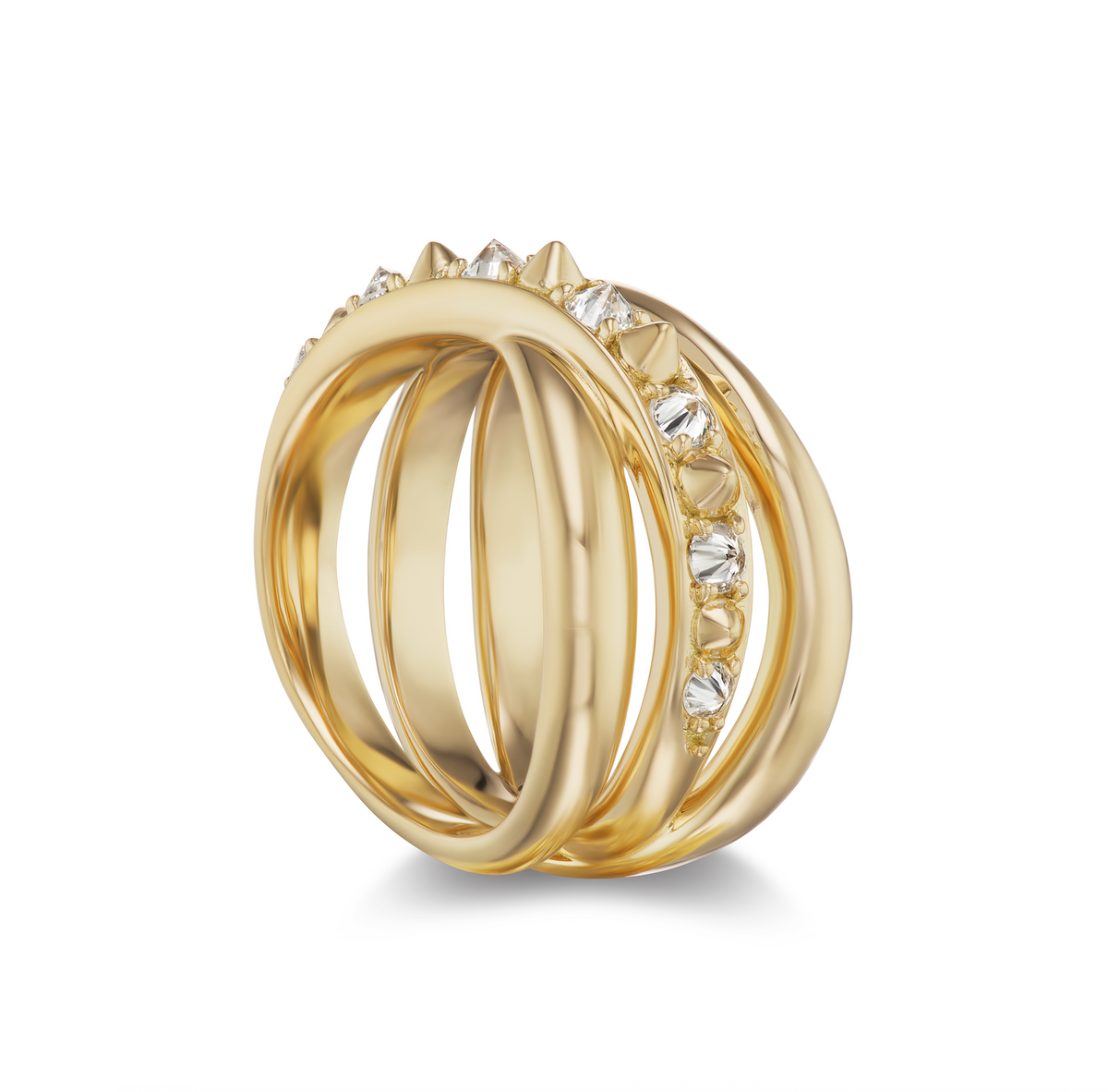 	Three-quarter view of AnaKatarina’s Amy’s Attitude Ring, showing its curved gold bands, negative space, and inverted diamond details.