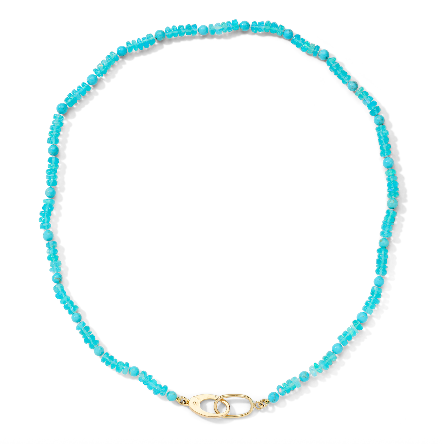 Sunlit Seas Blue Opal & Turquoise Necklace with faceted blue opal rondelles, turquoise beads, and AnaKatarina's signature 18k gold charm holder.
