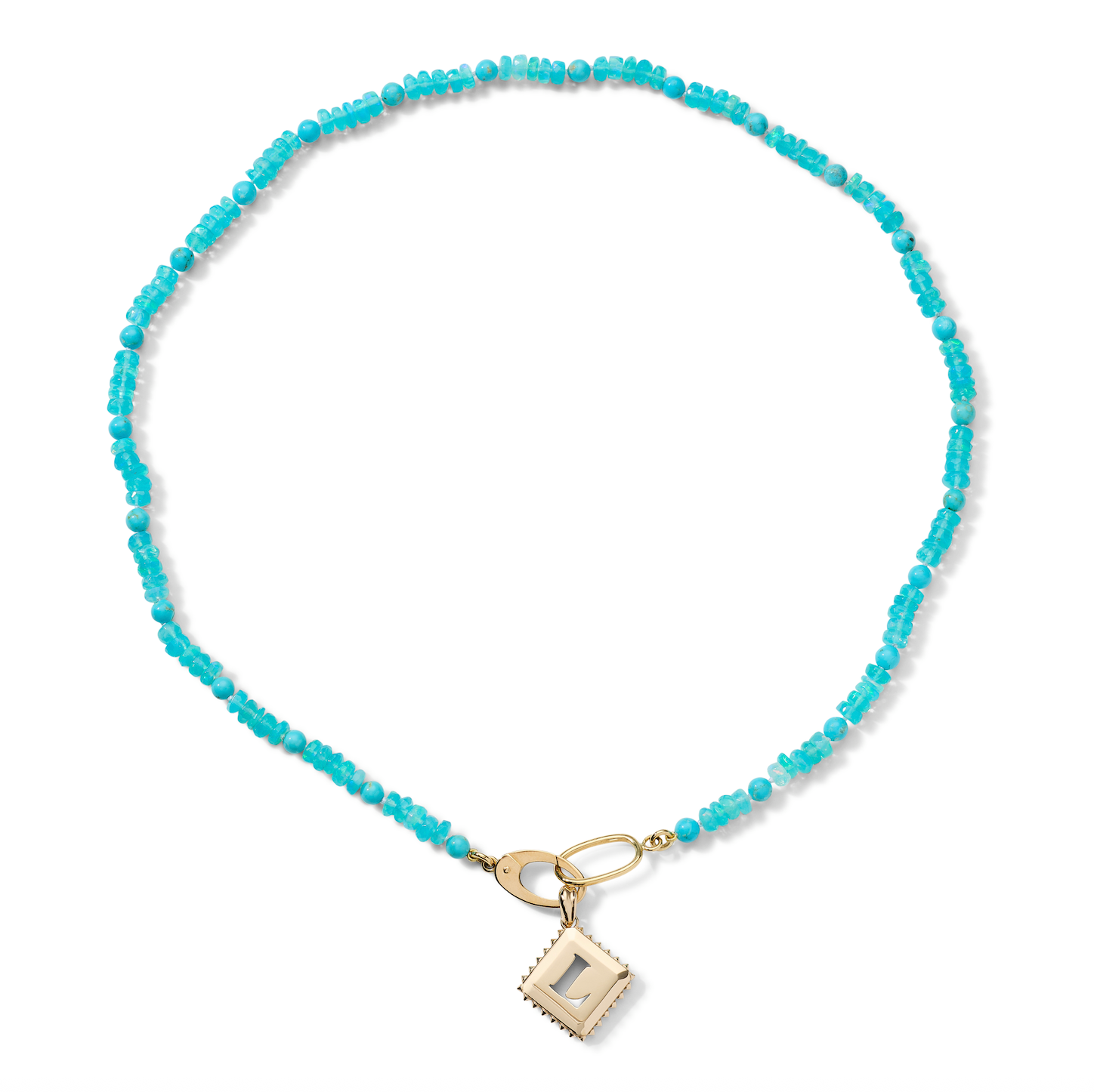 Sunlit Seas Blue Opal & Turquoise Necklace with faceted blue opal rondelles, turquoise beads, and AnaKatarina's signature 18k gold charm holder.