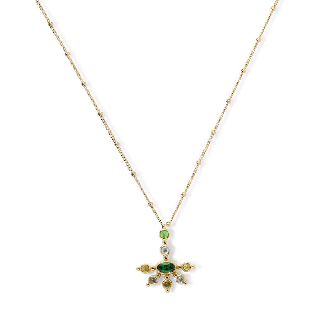 AnaKatarina Getting Ready for Love mini pendant with tsavorite garnets, aquamarines, citrines and gold beaded tips on a Saturn chain.