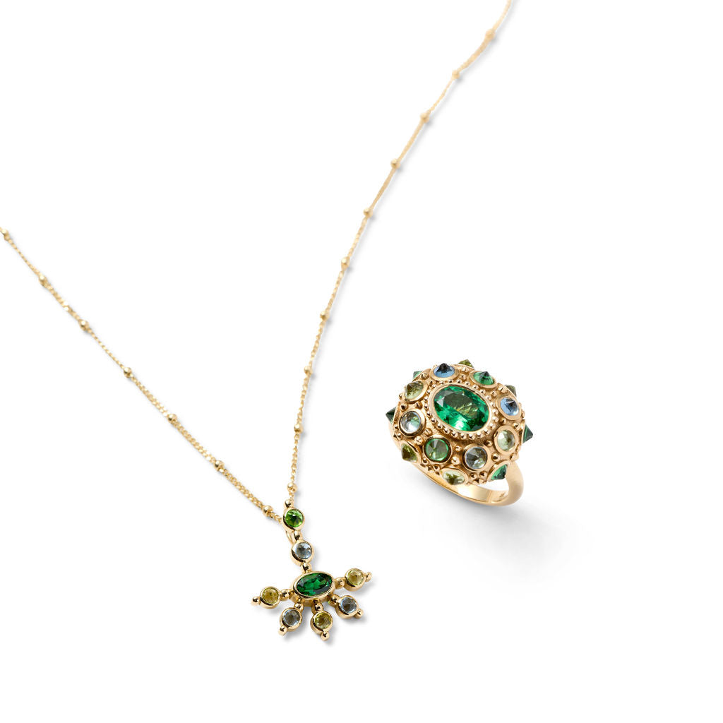 AnaKatarina Getting Ready for Love ring and matching mini pendant with tsavorite garnets, aquamarines and citrines in sea urchin-inspired gold settings.
