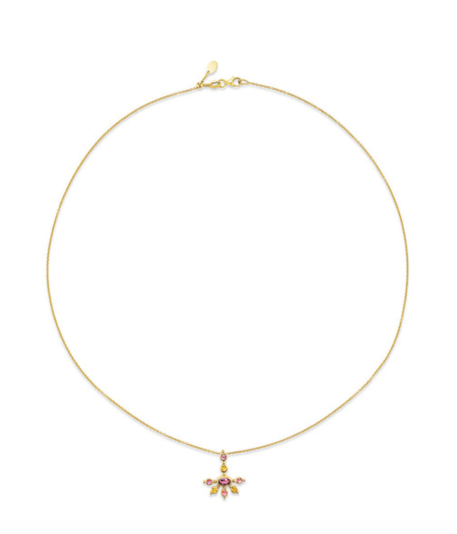 Sculptural pink tourmaline and sapphire pendant on an adjustable 18-inch chain