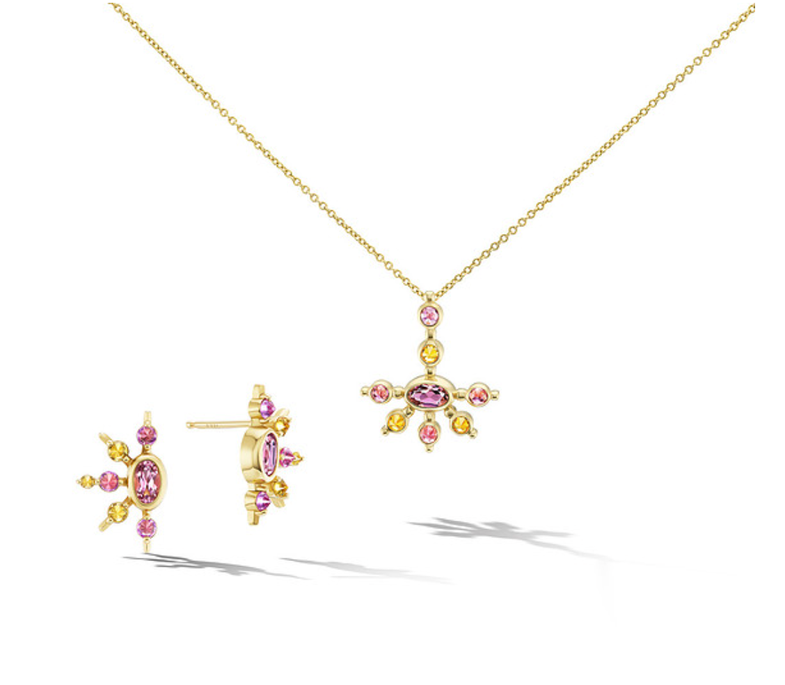 Sculptural pink tourmaline and sapphire sunburst earrings by AnaKatarina