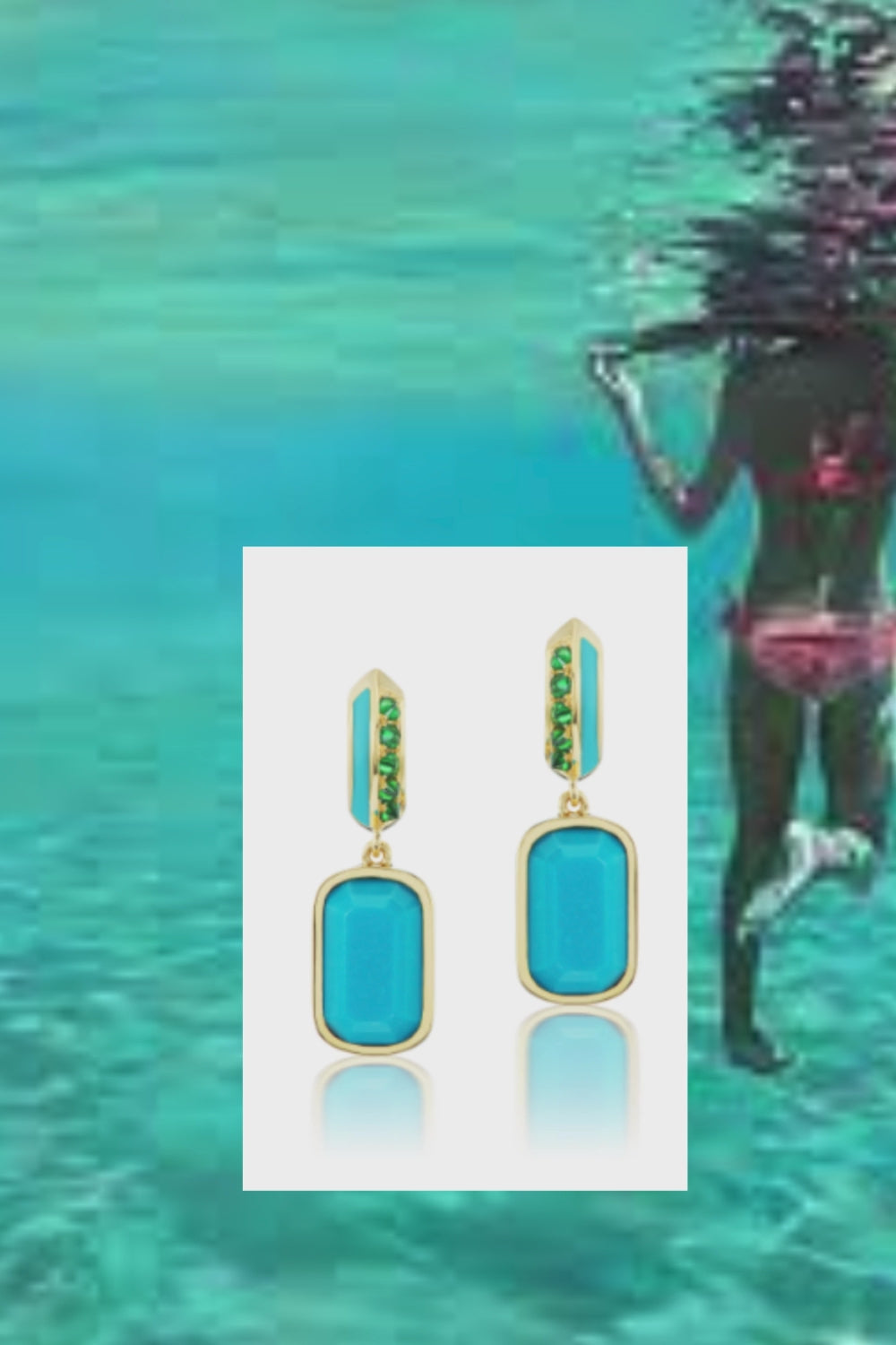 A video of a person in a pink bikini swimming underwater in clear, blue water with an inset image of Tsavorite Garnet Drop Earrings in 18k yellow gold and embellished with .55cttw Tsavorite Garnet, 7.85ct Turquoise and Turquoise Enamel designed by Ana Katarina Fine Jewelry. 