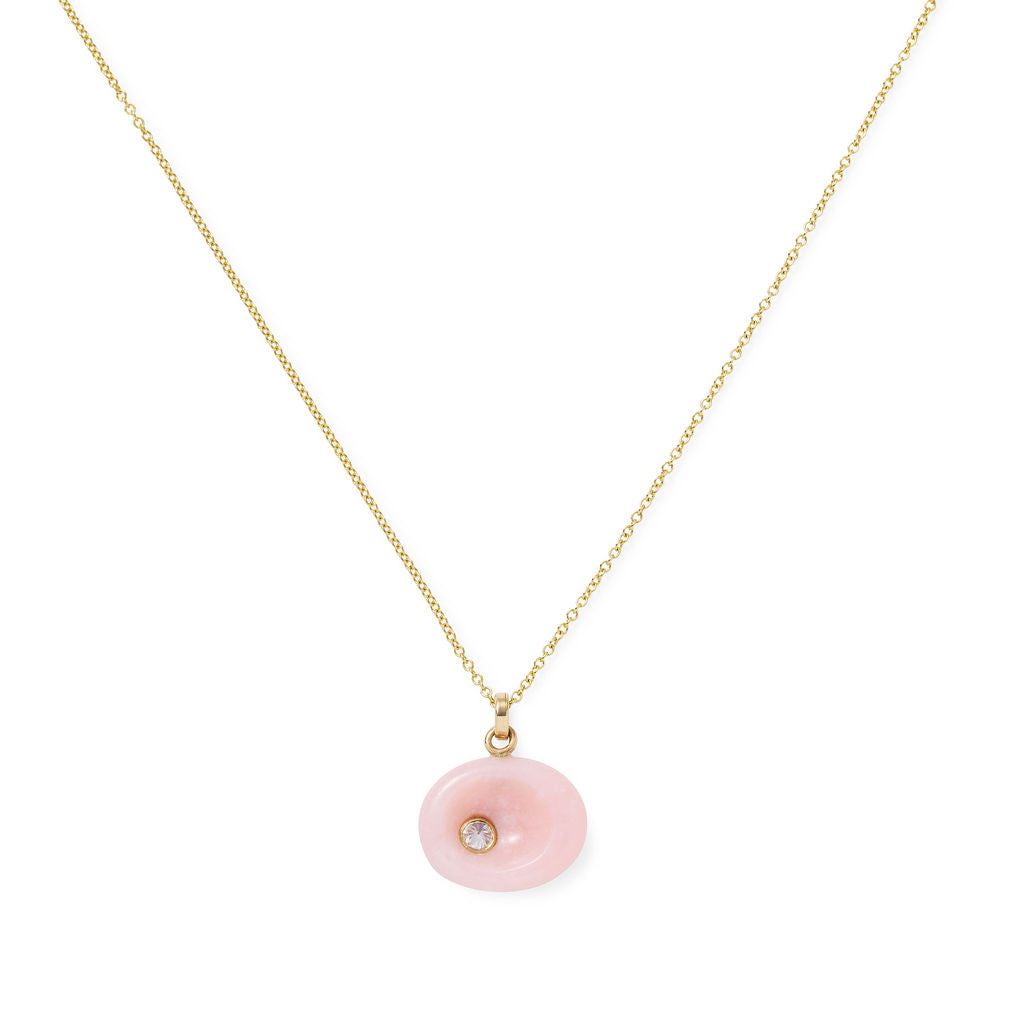 AnaKatarina Pink Opal Pebble pendant with an inverted-set diamond in a 14k gold bezel on a gold slider chain.