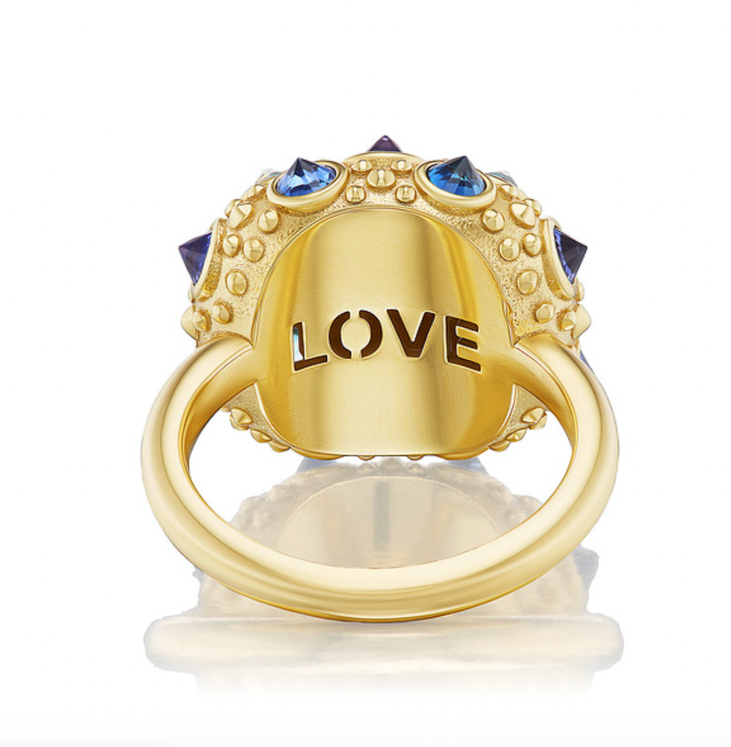 Purple Haze Funny Valentine Ring in 18k yellow gold with a rare 1.75ct purple sapphire, inverted purple and blue sapphires, and aquamarines inspired by the sea urchin.
