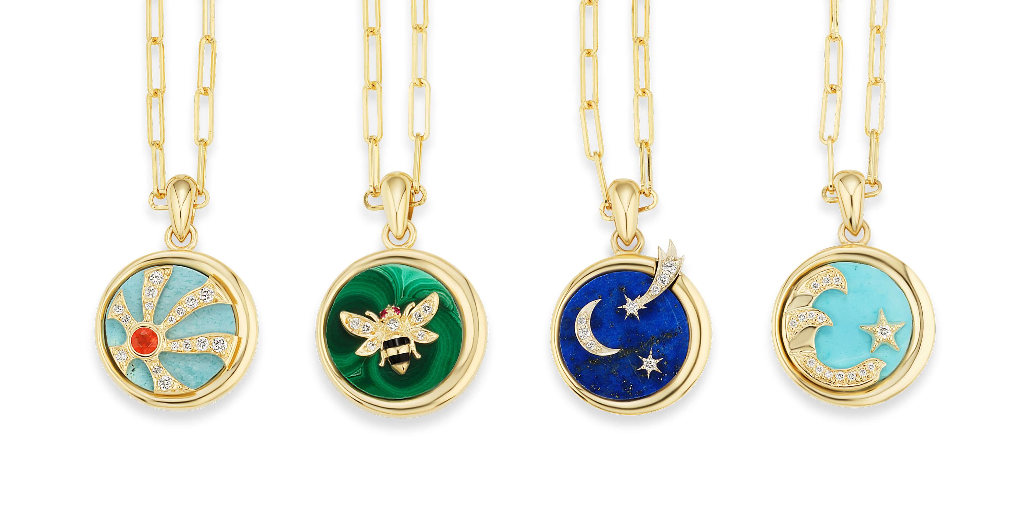 All four of Ana-Katarina's 4 Elements Pendants in 18k Yellow Gold, Chilean Lapis, .049ct Diamonds, and other precious stones & 18" Baby Rectangle Chain. Representing fire, earth, air, and water with a sun motif, a bee on black enamel, moon & stars on blue enamel, and a moon and star.  