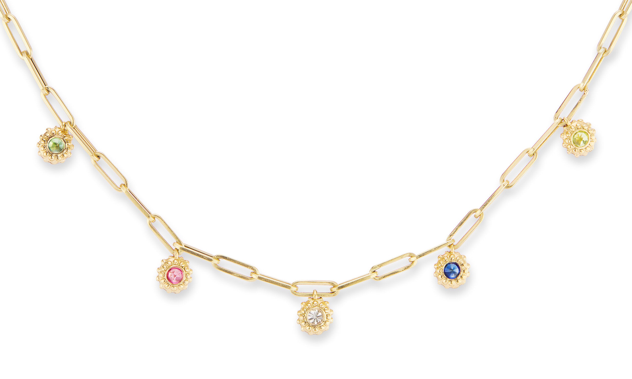 Five birthstone charms on a ‘Build-Your-Tribe’ Necklace designed in 18k yellow gold on an 18” adjustable paperclip chain by Ana-Katarina Fine Jewelry. 