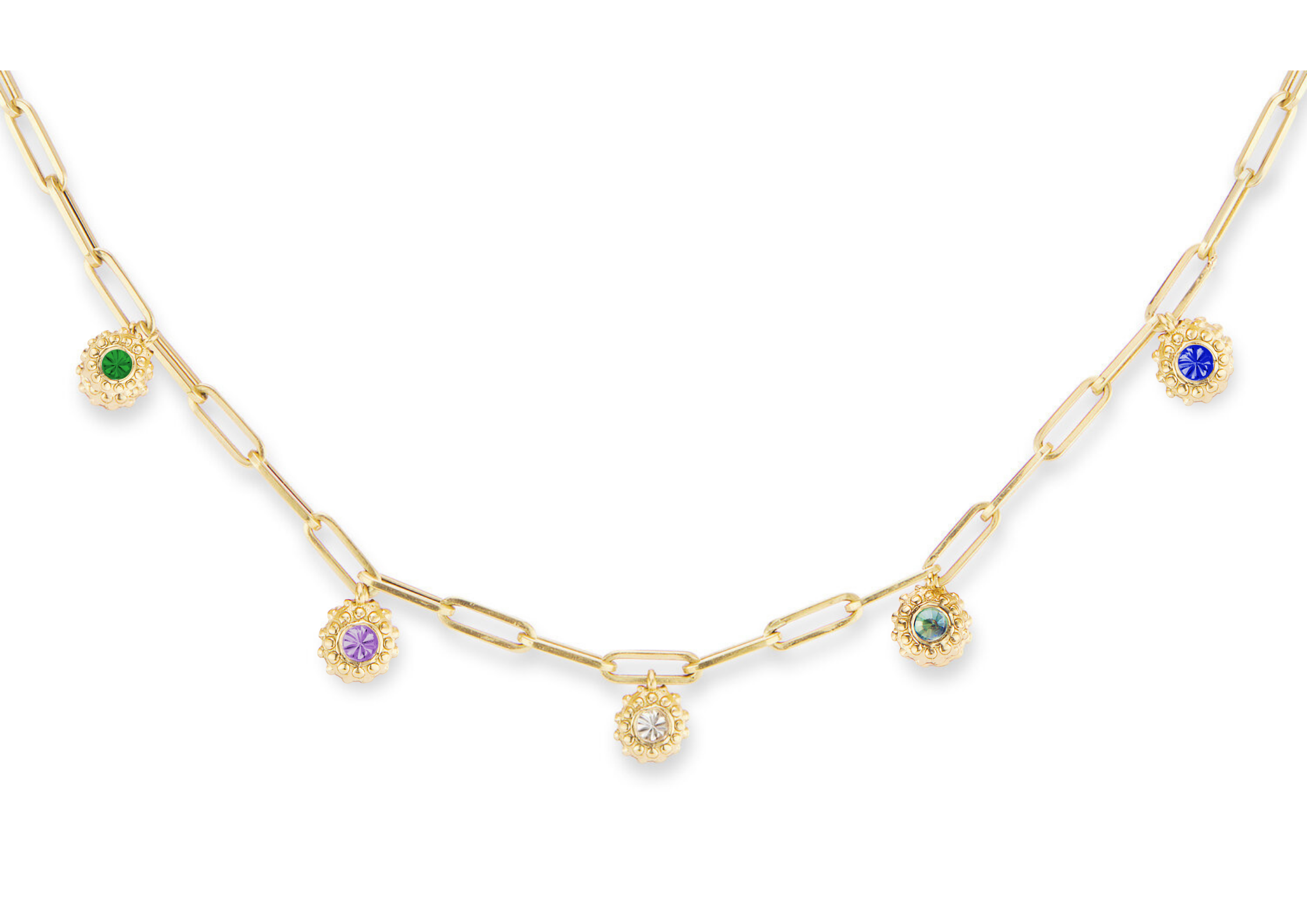Five birthstone charms on a ‘Build-Your-Tribe’ Necklace designed in 18k yellow gold on an 18” adjustable paperclip chain by Ana-Katarina Fine Jewelry. 