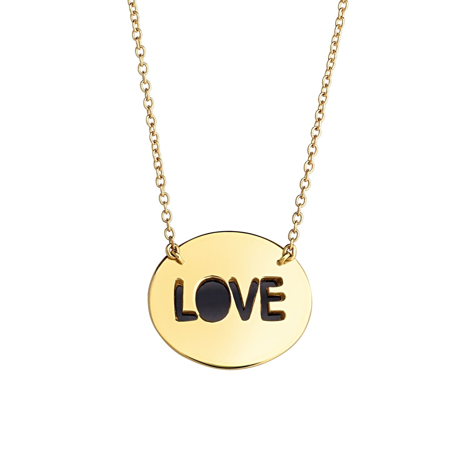 The 18k yellow gold reverse side of the ‘Eye Love’ gold and diamond necklace by Ana-Katarina on which the word ‘love’ is carved.
